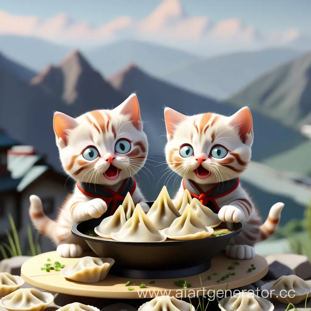 Kittens-Enjoying-Dumplings-with-Mountainous-Backdrop