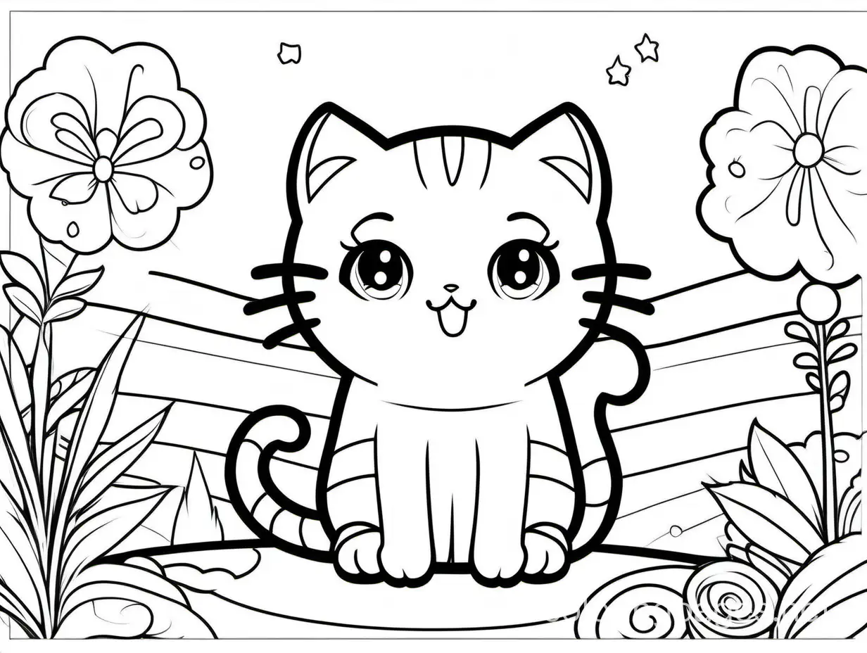 kawaii cat, Coloring Page, black and white, line art, white background, Simplicity, Ample White Space. The background of the coloring page is plain white to make it easy for young children to color within the lines. The outlines of all the subjects are easy to distinguish, making it simple for kids to color without too much difficulty