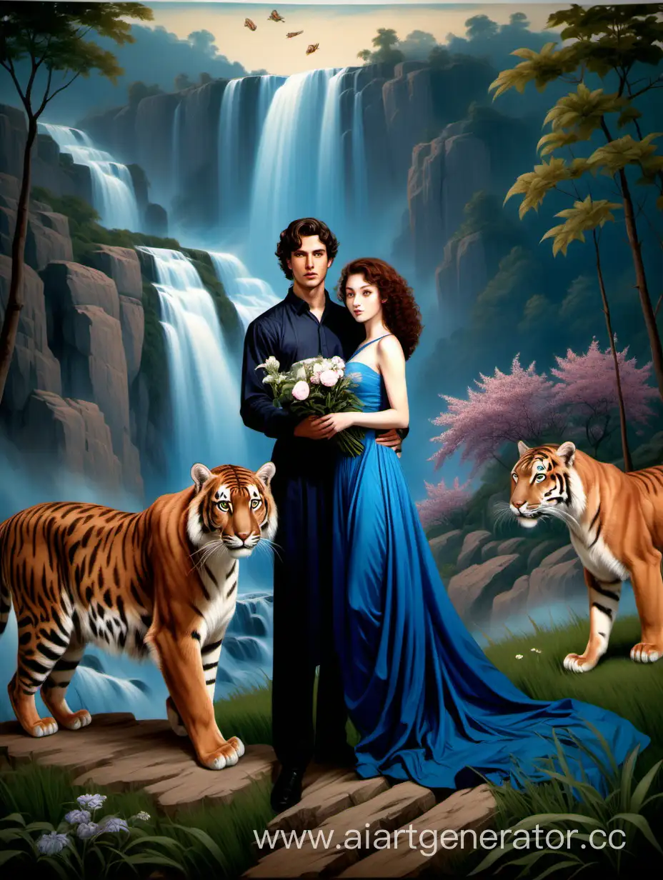 Красивый молодой мужчина  с чёрными,короткими волосами и красивая молодая женщина  с вьющимися ,длинными ,каштановыми волосами в голубом вечернем ,скромном платье держат в руках большой свиток на котором изображено цветущее поле, красивый водопад, на поле пума,  и амурский тигр.