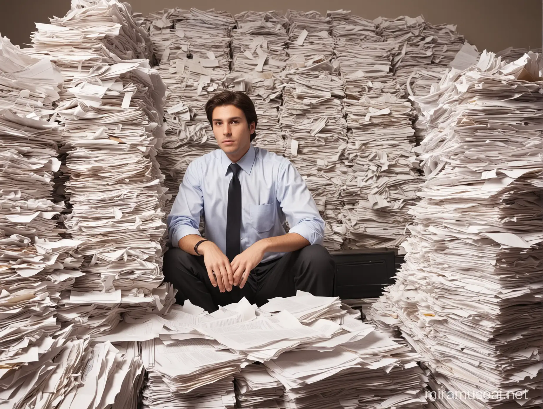 Busy Office Worker Amidst Towering Paper Stacks