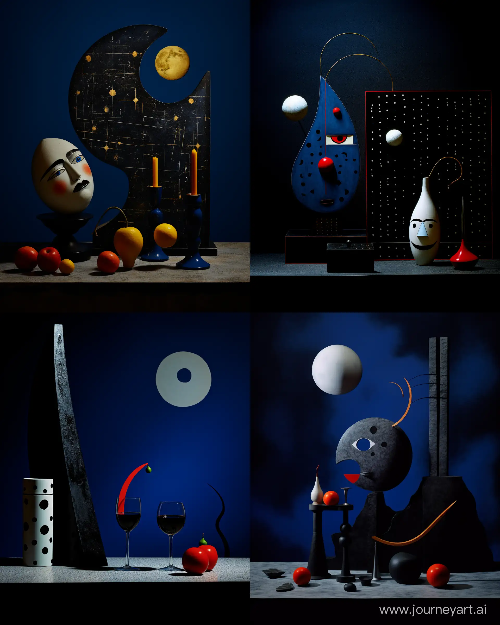staged photography of still life by joan miro, dark blue atmosphere  --ar 4:5