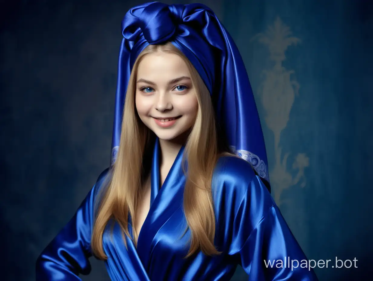 Gentle, sweet, Sexy, sunny Yulia Lipnitskaya with very long straight silky hair beautifully smiling in Luxurious royal blue Silk Robe with royal blue silk towel turban