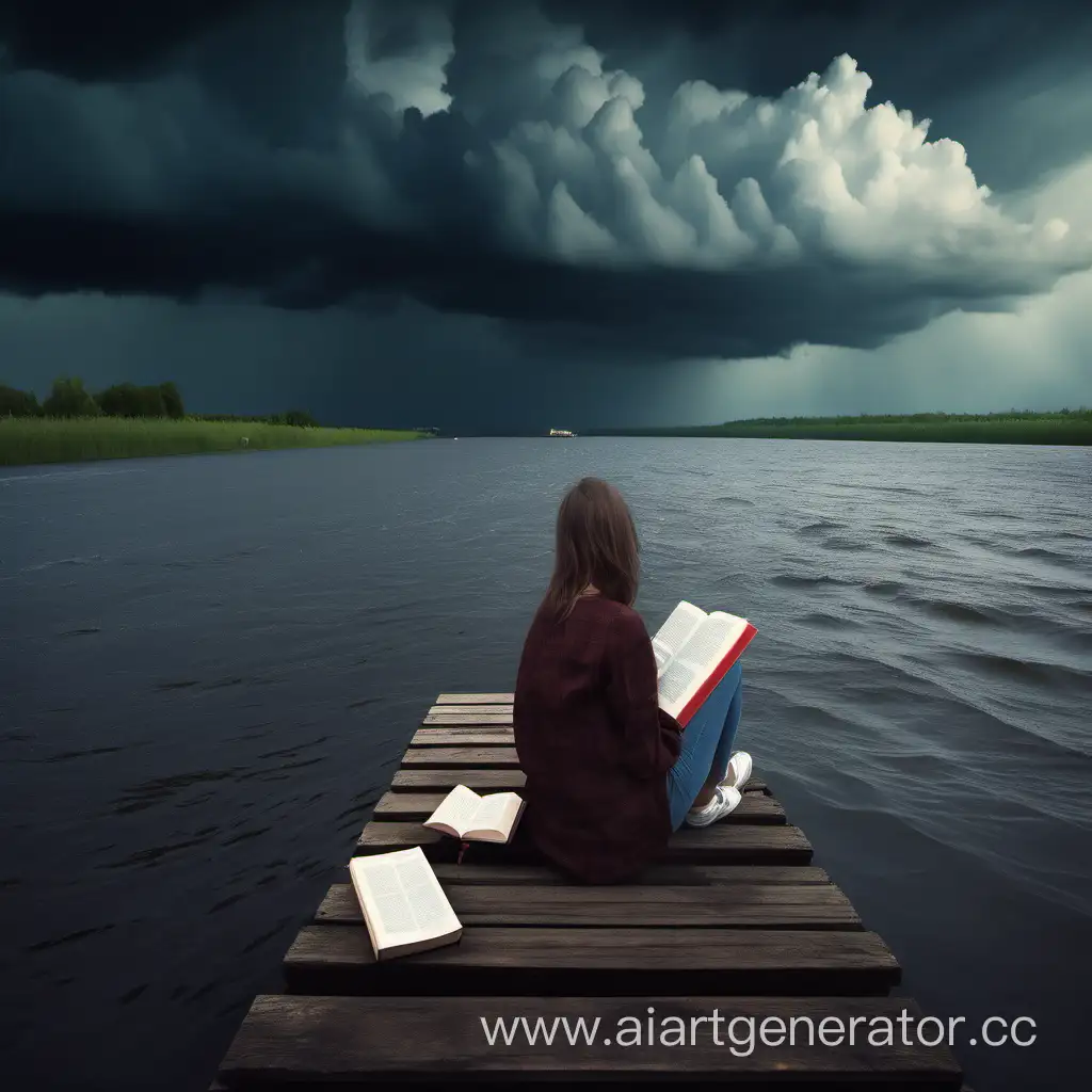 девушка сидит на причале у небольшой речки с книгой, а в вдали плывут грозовые облака