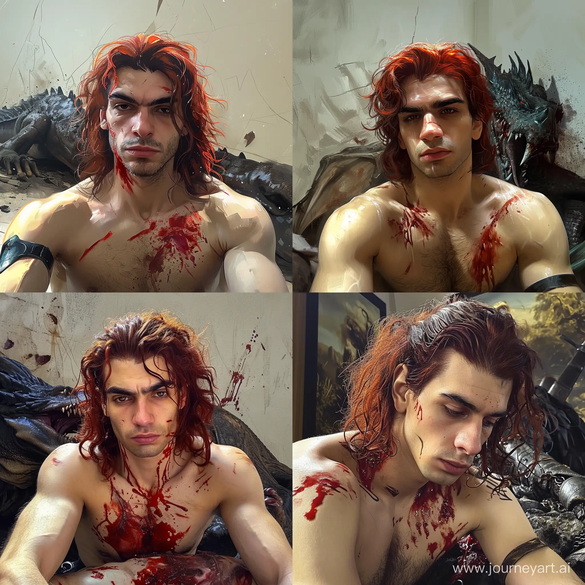 RedHaired-Brutal-Witcher-Stands-Victorious-Over-Slain-Dragon