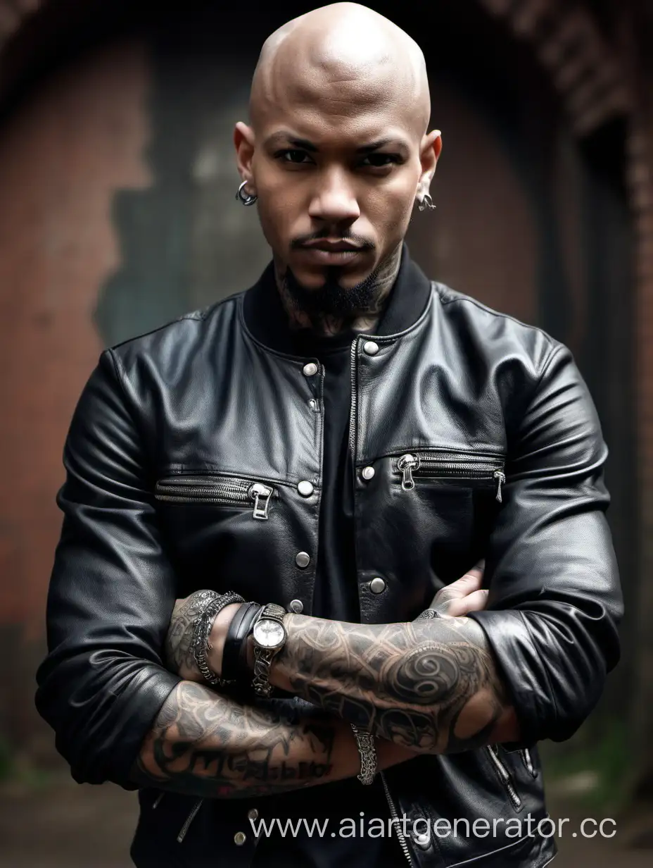 Afro american, tattoo, male focus, solo, jacket, bald, leather, arm tattoo, beard, DUNGEON background, facial hair, crossed arms, black jacket, photo background, looking at viewer, blurry, leather jacket, jewelry, piercing, earrings, black shirt, shirt, realistic, very short hair, upper body, black nails, mohawk, ear piercing, pants