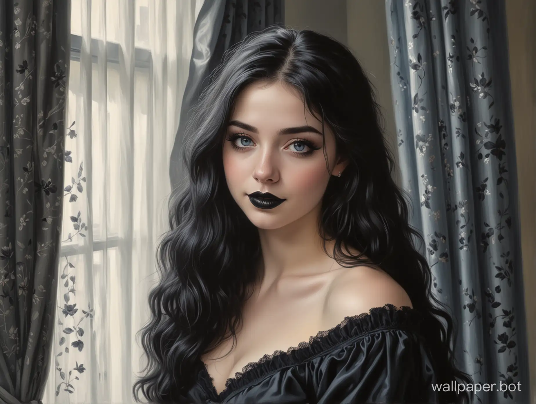 painting of a beautiful 18 year old goth girl, she is wearing black lipstick, she is pretty, she has blue eyes, she has pale skin, black lips, she has long jet-black hair that is wavy and parted in the middle and falls in curtains, she has a beautiful innocent face, smiling, beaming, very cute, perfect, sense of wonder, Velazquez painting style