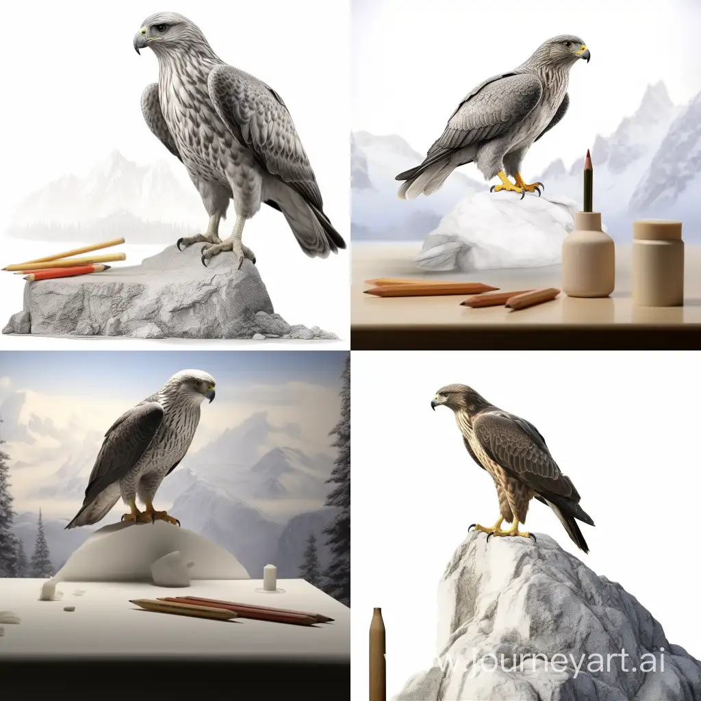 Create a hyper-realistic image of a Peregrine Falcon, known as Falco peregrinus, elegantly standing on a smooth, white marble stool. The falcon should be depicted with meticulous detail, showcasing its sleek and aerodynamic body, sharp talons, and the characteristic 'moustache' facial markings. Its feathers should be rendered with fine texture, capturing the subtle interplay of light and shadow. The falcon's eyes should be vivid and alert, conveying a sense of majesty and power.  The marble stool should be intricately designed, with veins of gray running through the white marble, and it should be positioned centrally in the composition. The background should be a dark sandy terrain, perhaps suggesting a desert-like environment, with gentle undulations in the sand. The lighting should be soft yet dramatic, highlighting the falcon and creating a striking contrast with the dark sandy background. The overall feel of the image should be one of realism and elegance, emphasizing the natural beauty and poise of the Peregrine Falcon in a serene, yet powerful stance.