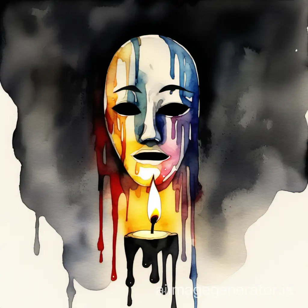 Abstract melting candle mask with sad face, sad expression, sumi-e japanese watercolor, multicolor palette, empty black background 