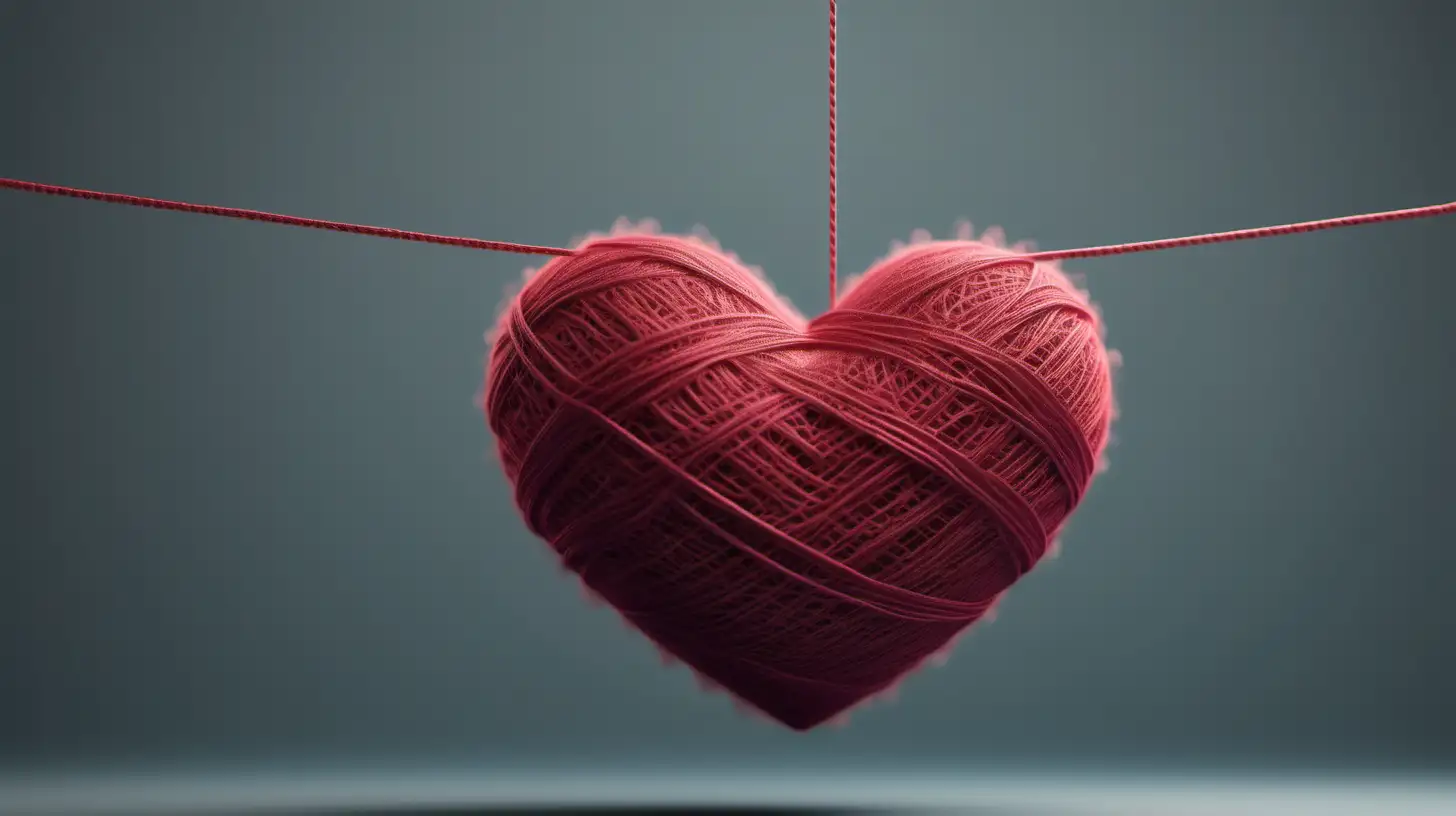  isolated fuzzy, single yarn in shape of a heart, thread floating in 3d perspective, realistic, curvy, coming at you