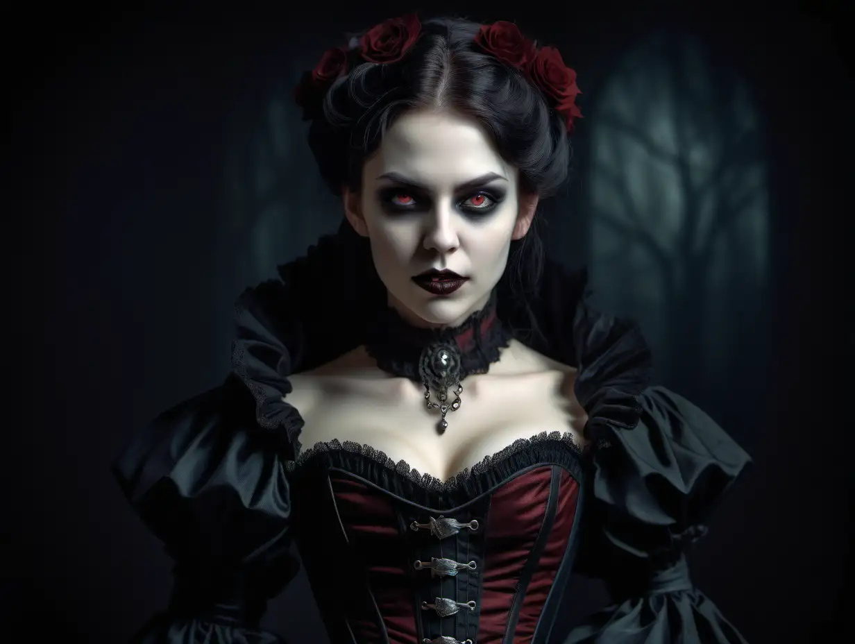Realistic Victorian Vampire woman, 25 years old with a clear and symmetrical face, gorgeous features, corset, beautiful, dark, evil