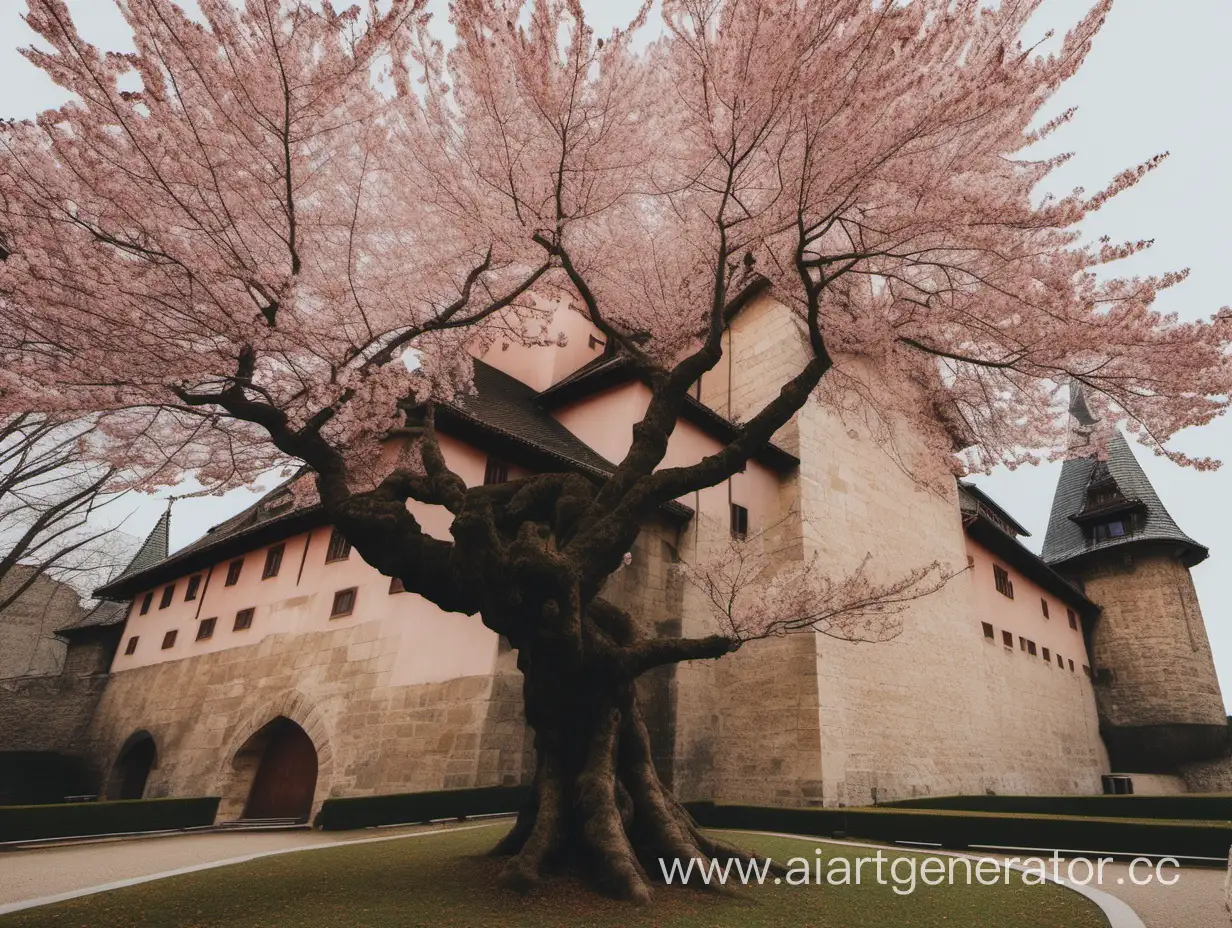 A huge sakura tree in the middle of a medieval European castle