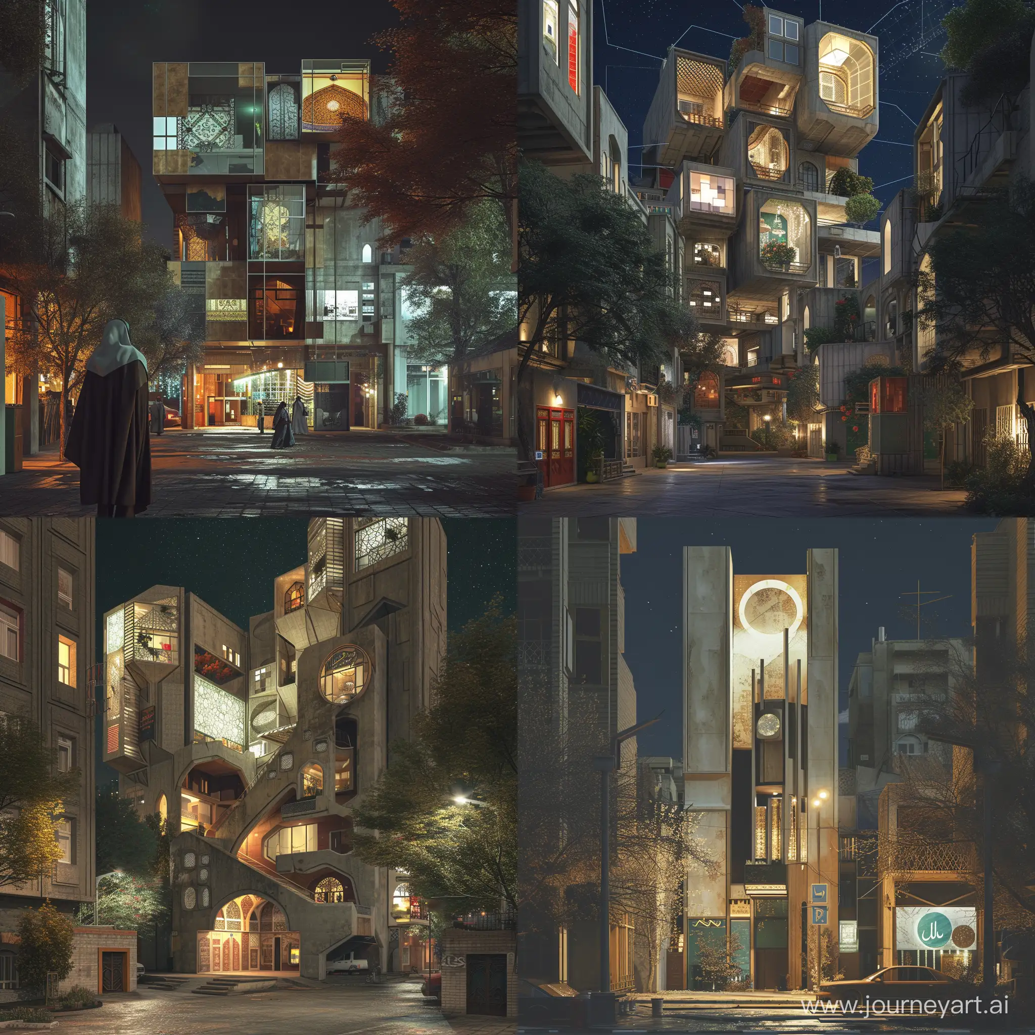 A collage architecture in the urban space of Tehran. Changes should not be exaggerated. A collage-like architecture can be seen in the buildings. Collage can be an indoctrination of futuristic architecture and maybe Islamic architecture. Images will be displayed at night.  The output should be displayed like a realistic photo.
