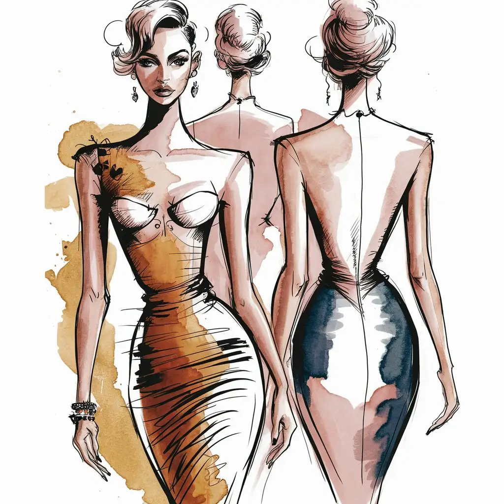 create a full body head to toe hand drawn full body female stylish fashion illustration front and back rendered with water color on some part of body. and she wore nothing. only body shape