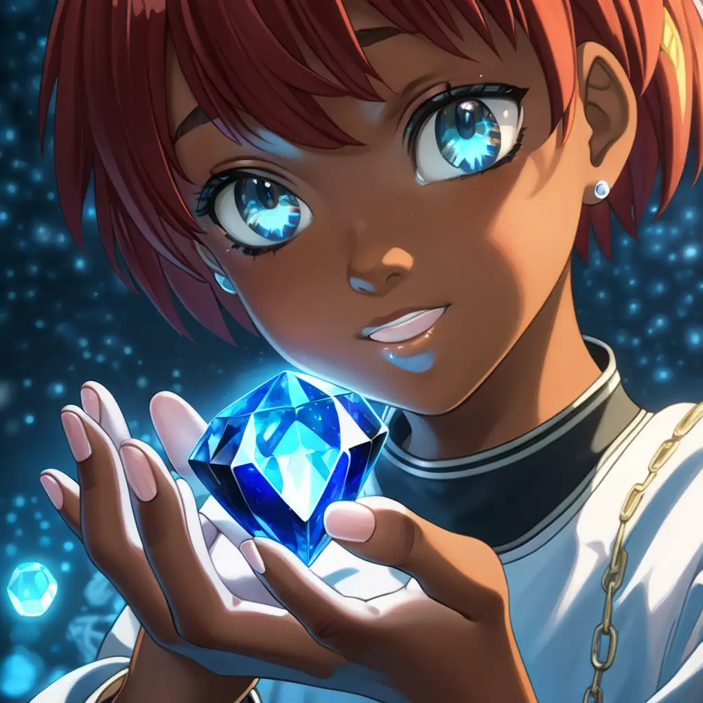 Elegant Black Anime Teen with Short Red Hair Holding a Blue Glowing Gem
