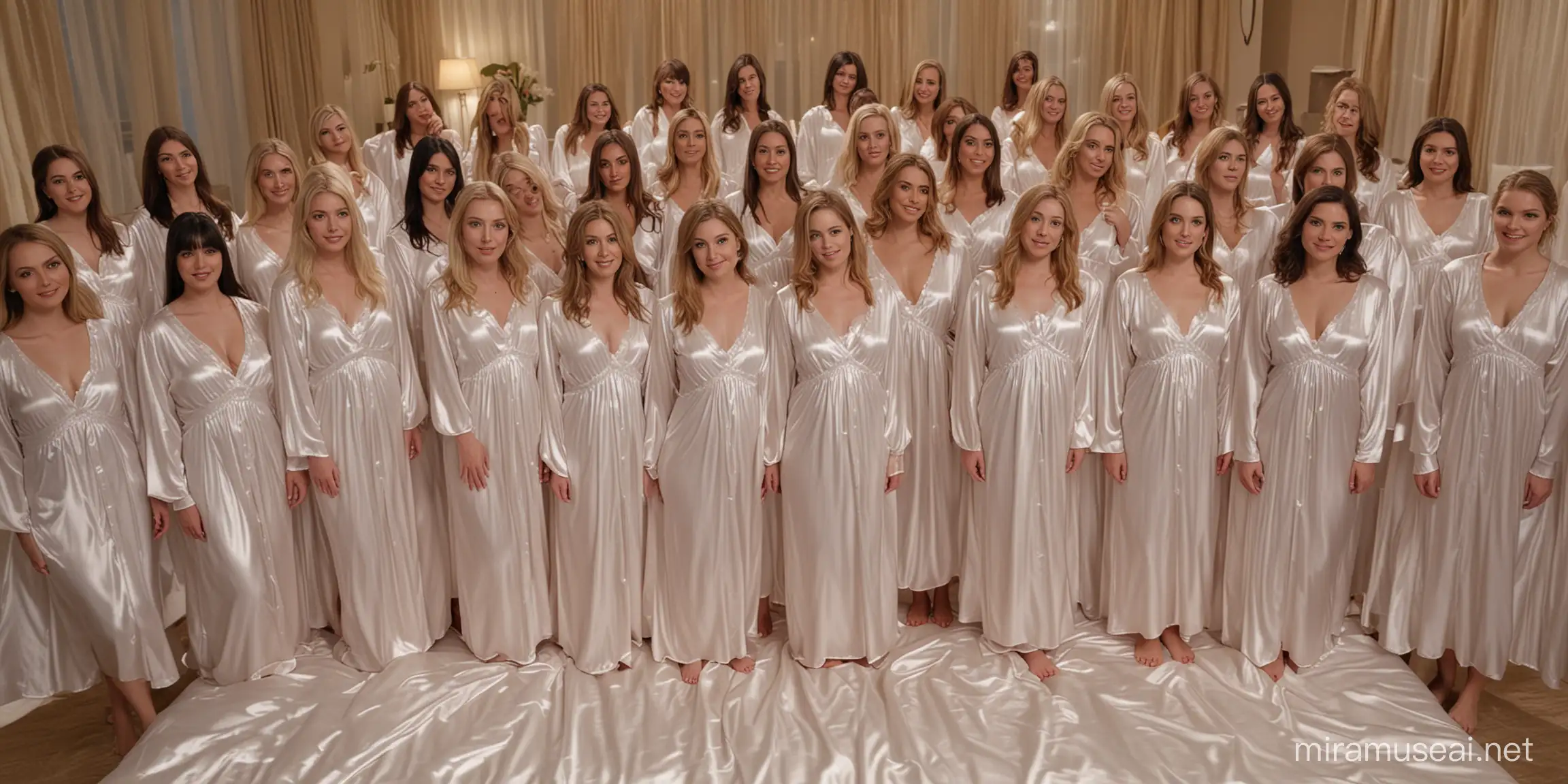 Sensual Gathering of Thirty Women in Milky Satin Nightgowns on Giant Bed