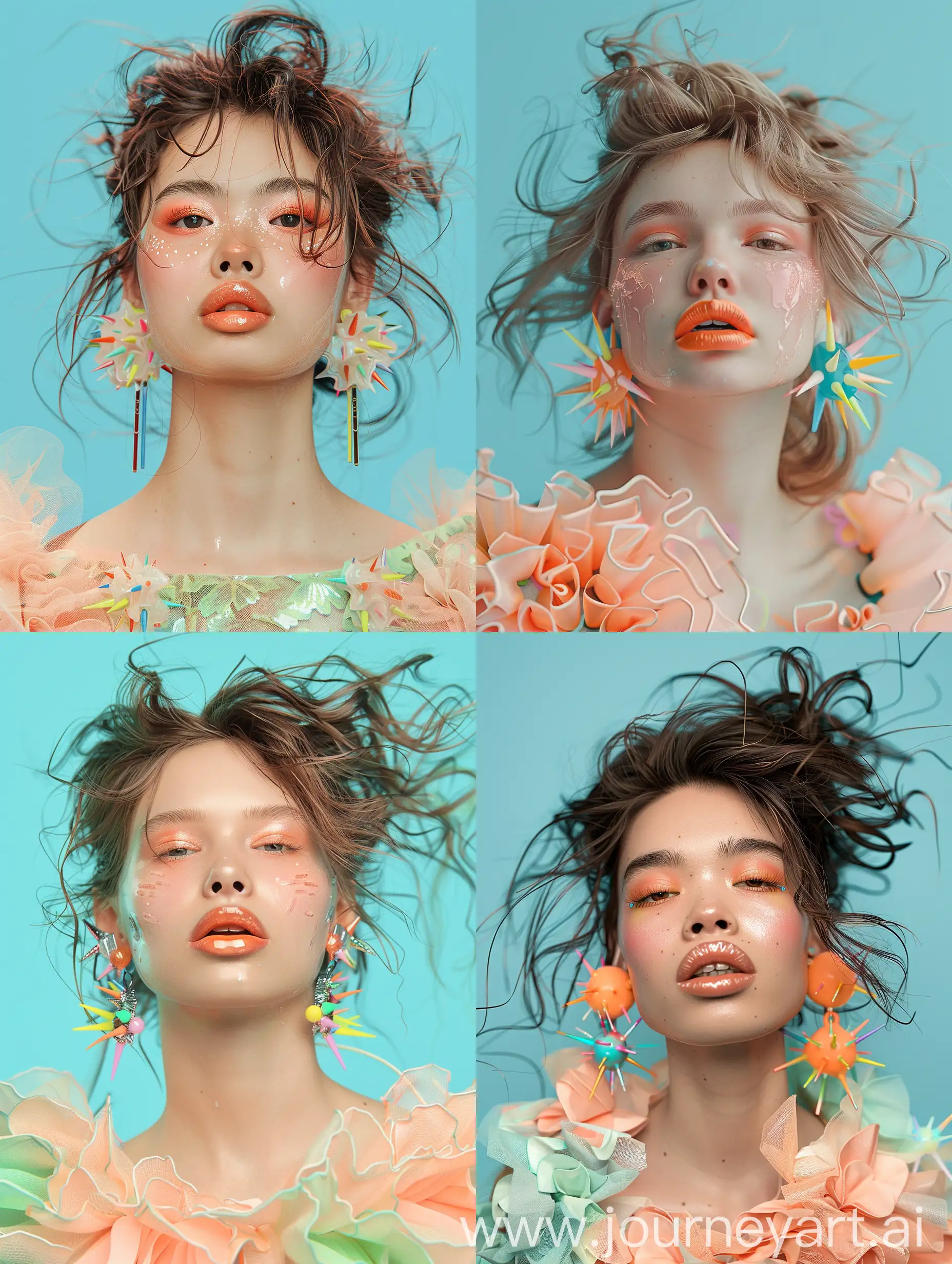 Fashionable-Model-with-Messy-Hair-and-Peach-Lips-in-Pastel-Blue-HyperRealistic-Portrait