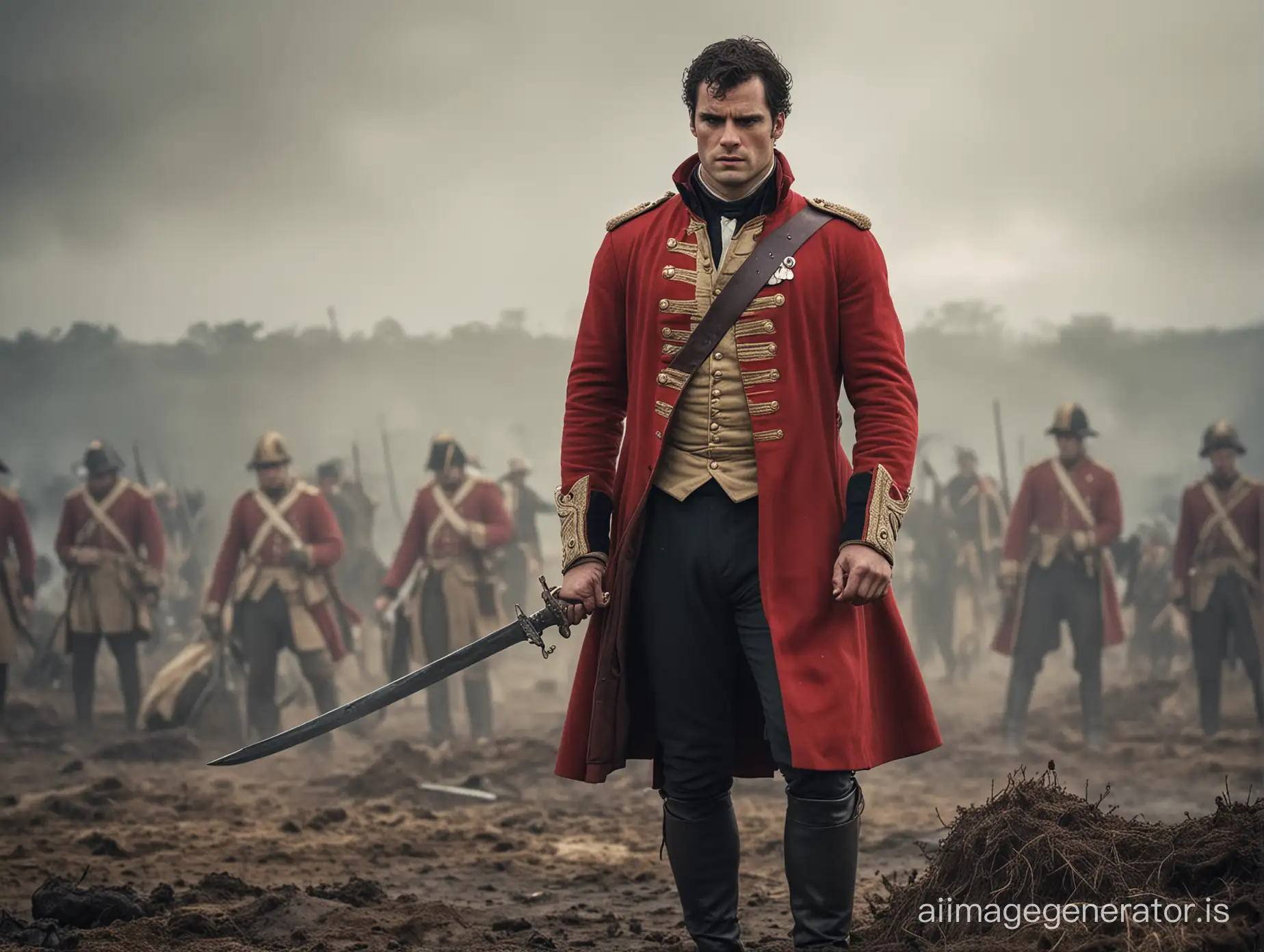 Young and attractive English officer with a red coat uniform, without a hat, resembling actor Henry Cavill, standing on a battlefield, distressed expression, with a small wound on his face and a sword in his hand with the tip resting on the ground, during the Regency period
