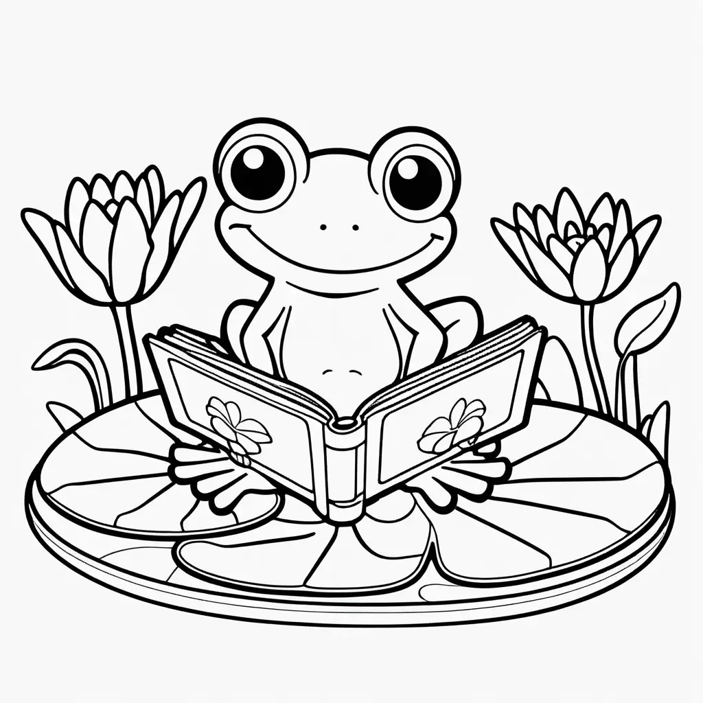 colouring book simple lines;
a happy cute frog reading a book on a big lily pad, outlines, cartoon, kids colouring page, black and white: 1.5, white png background, flat 2d,  –no shading, gradient, colors: 1.5, saturation:1.2, colored, shadow: 1.1, 3d -- ar 9:11