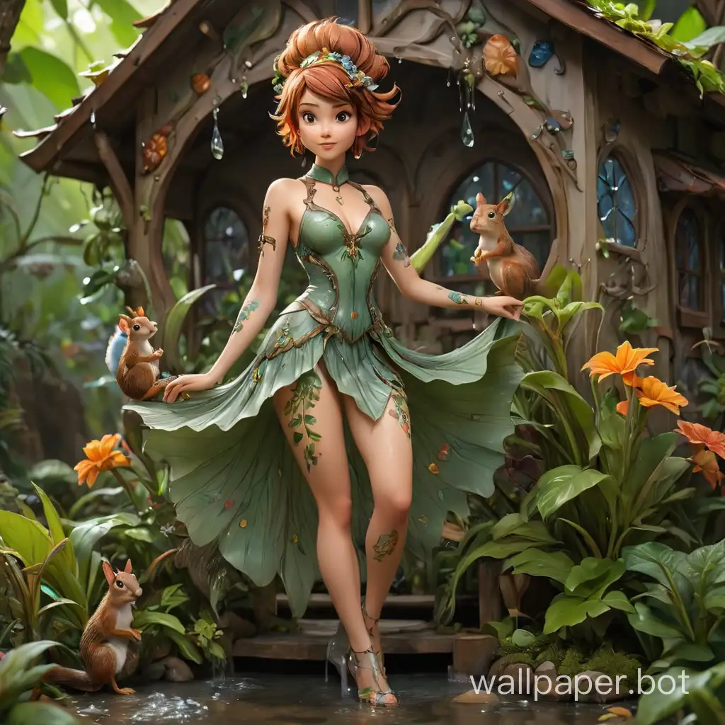 Fantasy squirrel-girl, thin girl,  hair up , porcelain skin, wet skin,  transparent long metal dress , plant ornamentation tattoos, dress made from multi-coloured plant ornamentation,  in fairy house of squirrel, long legs, leather shoes, drops on skin ,  splashes and strikes and drops, three breasts, 8K
