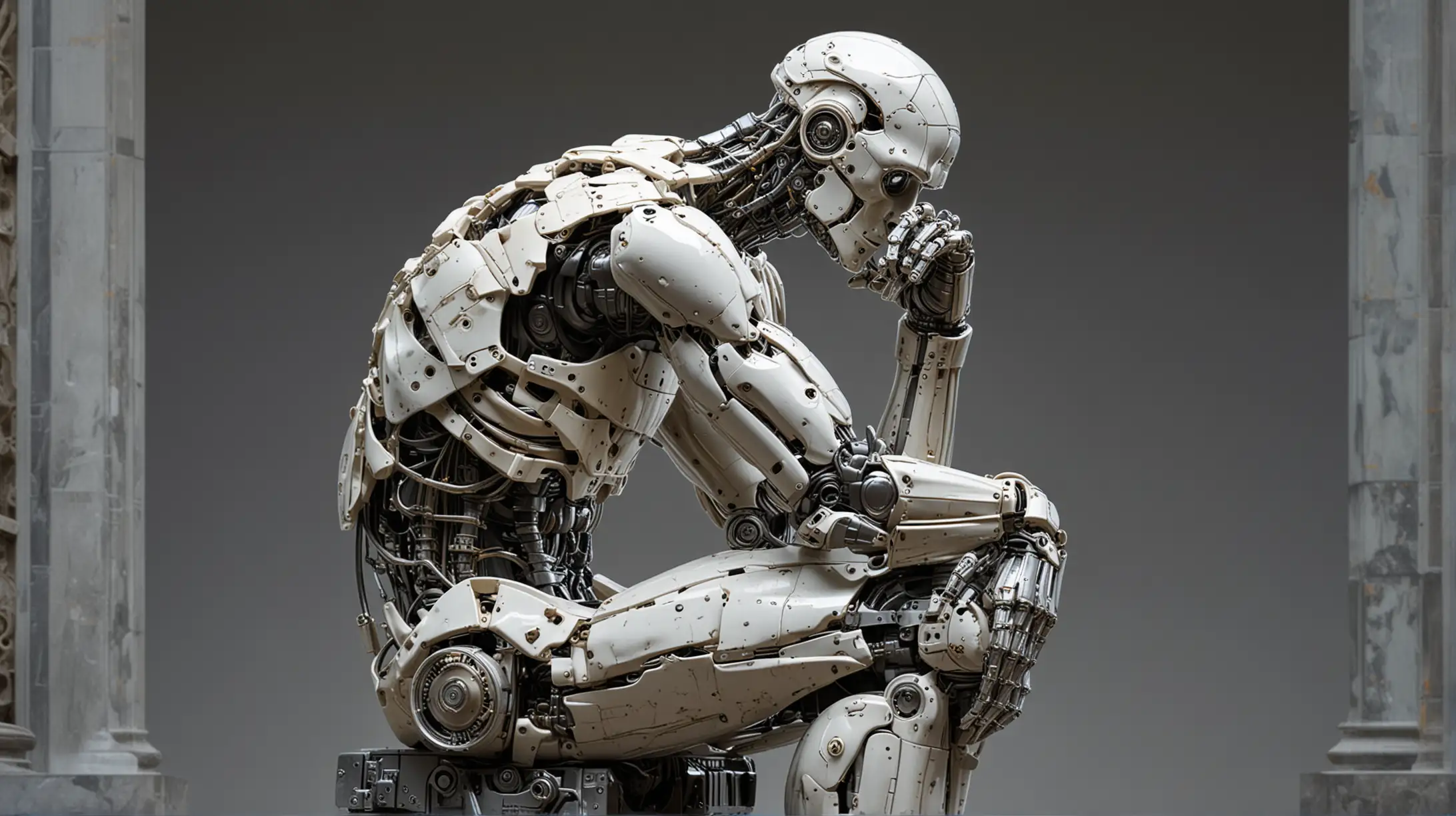 a robot sitting as rodin's thinker with a high tech background