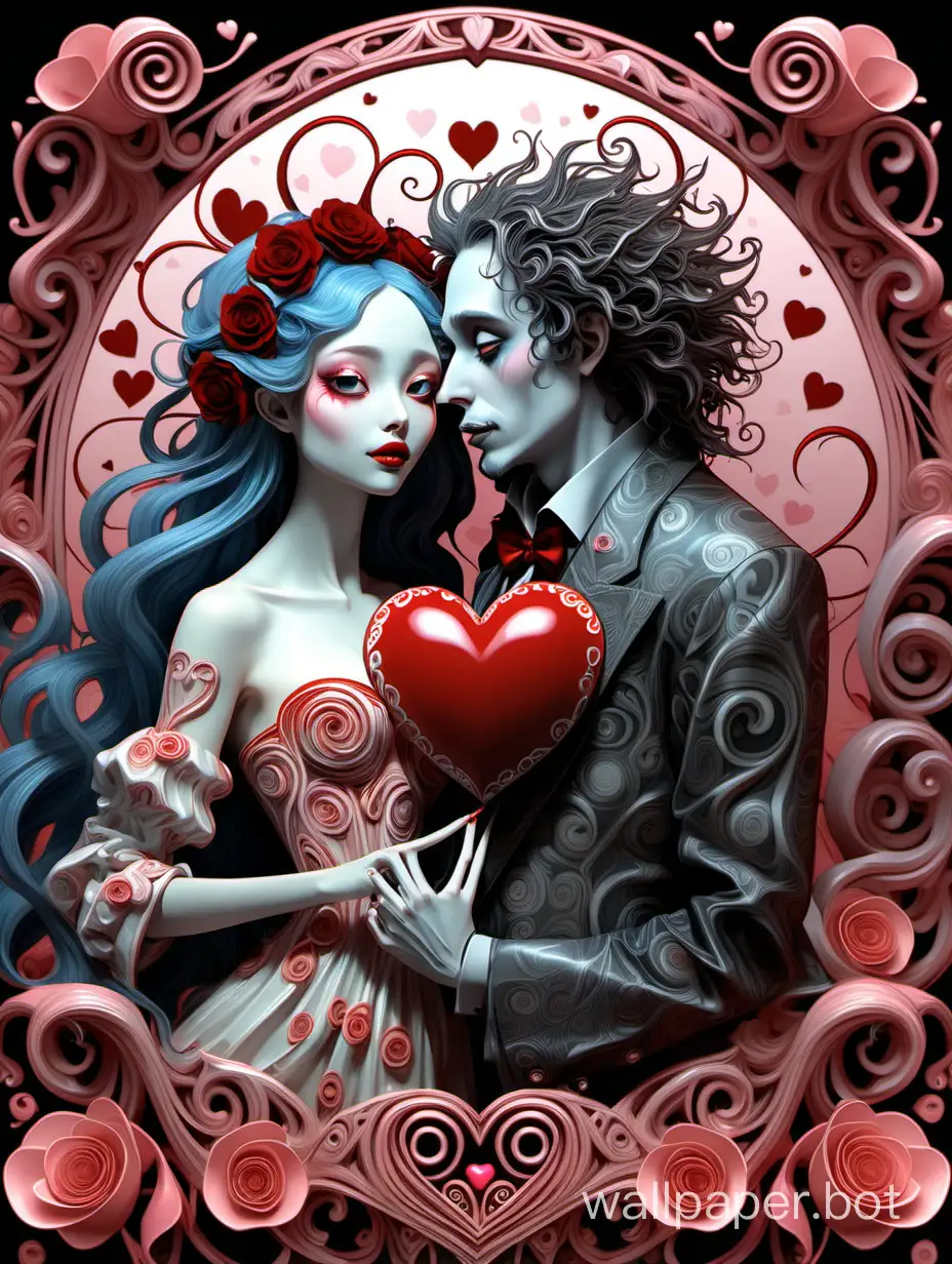 be my valentine style by tim burton,(incredibly absurdres, (high resolution:1.18), intricate detail, (masterpiece:1.1), (highest quality:1.1), absurdres, smooth crisp, bold medium) valentine,  reminiscent of Alphonse Mucha and Wlop, trending on Artstation, with elements of niji style, visionary art, raidenshogundef influence, digital painting, enhanced details.