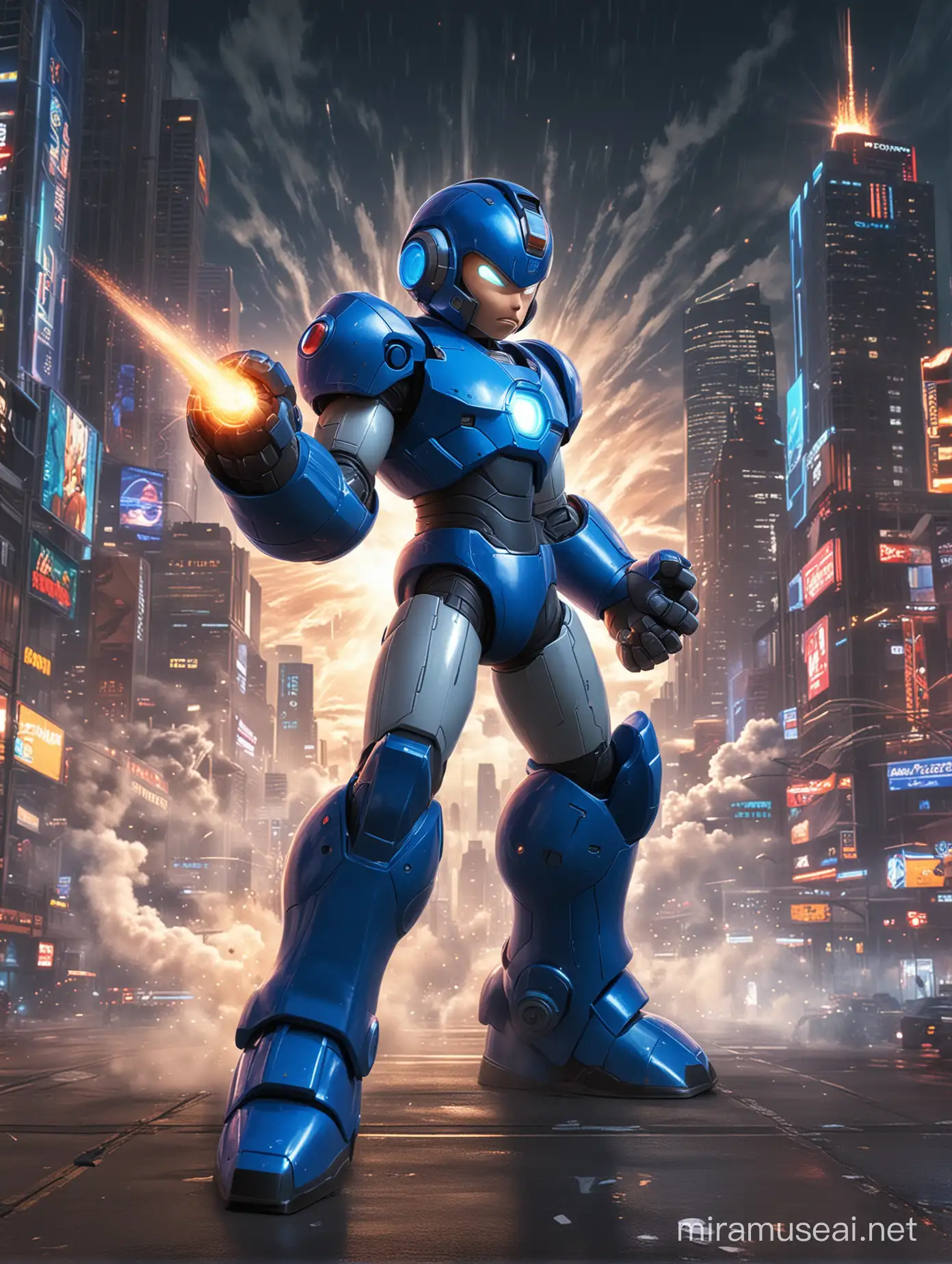 Mega Man Shooting Blast Arm in Futuristic Cityscape