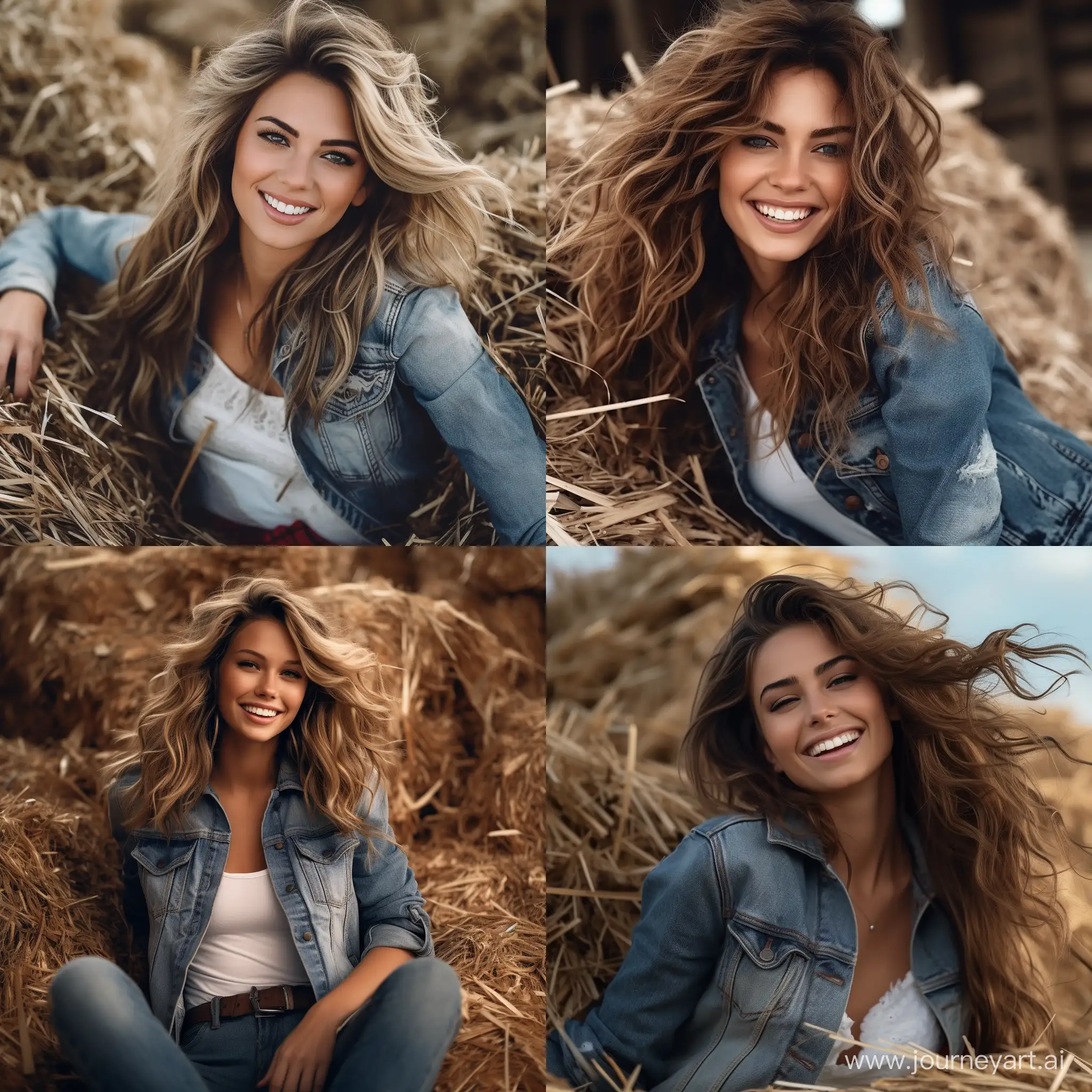 Stylish-Woman-on-Haystack-in-Westerninspired-Outfit-Radiant-Smile-and-Effortless-Elegance