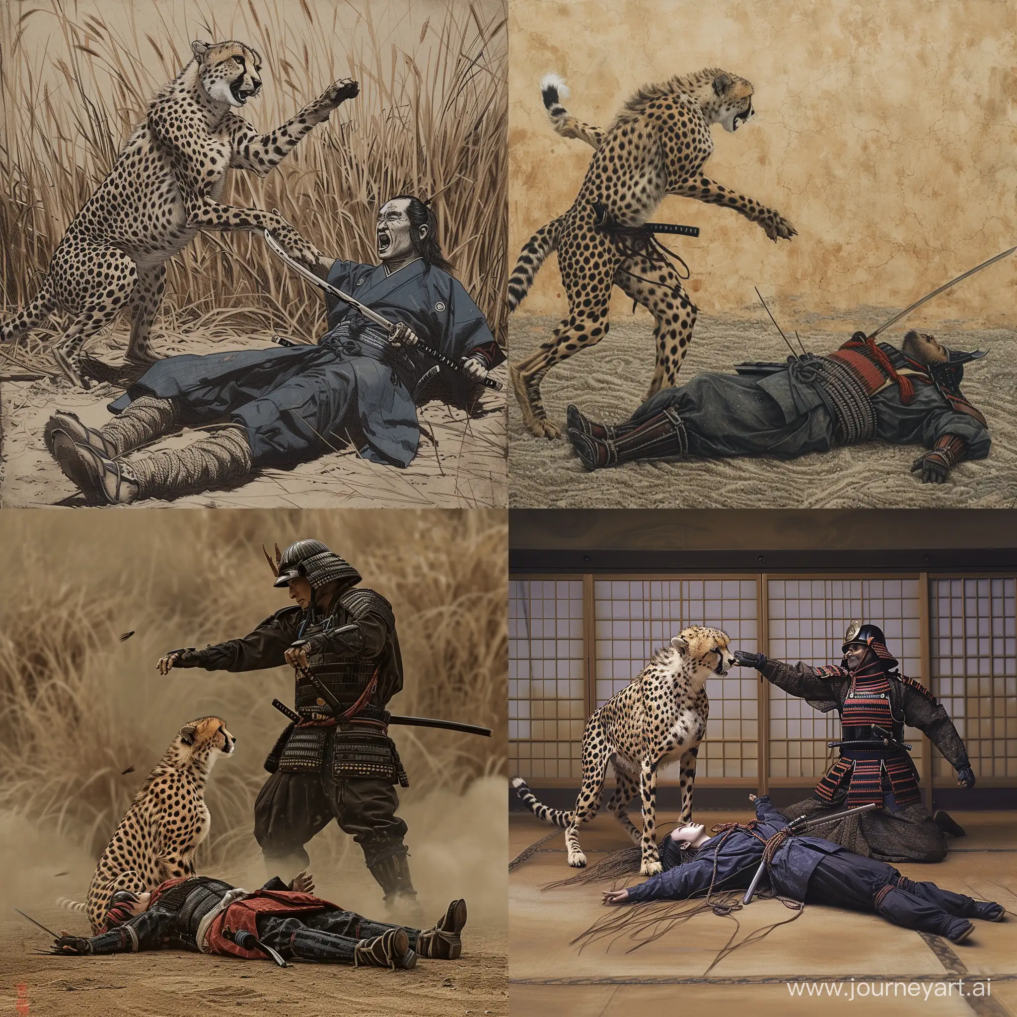 A Cheetah attacking a Samurai lying on the Ground 
