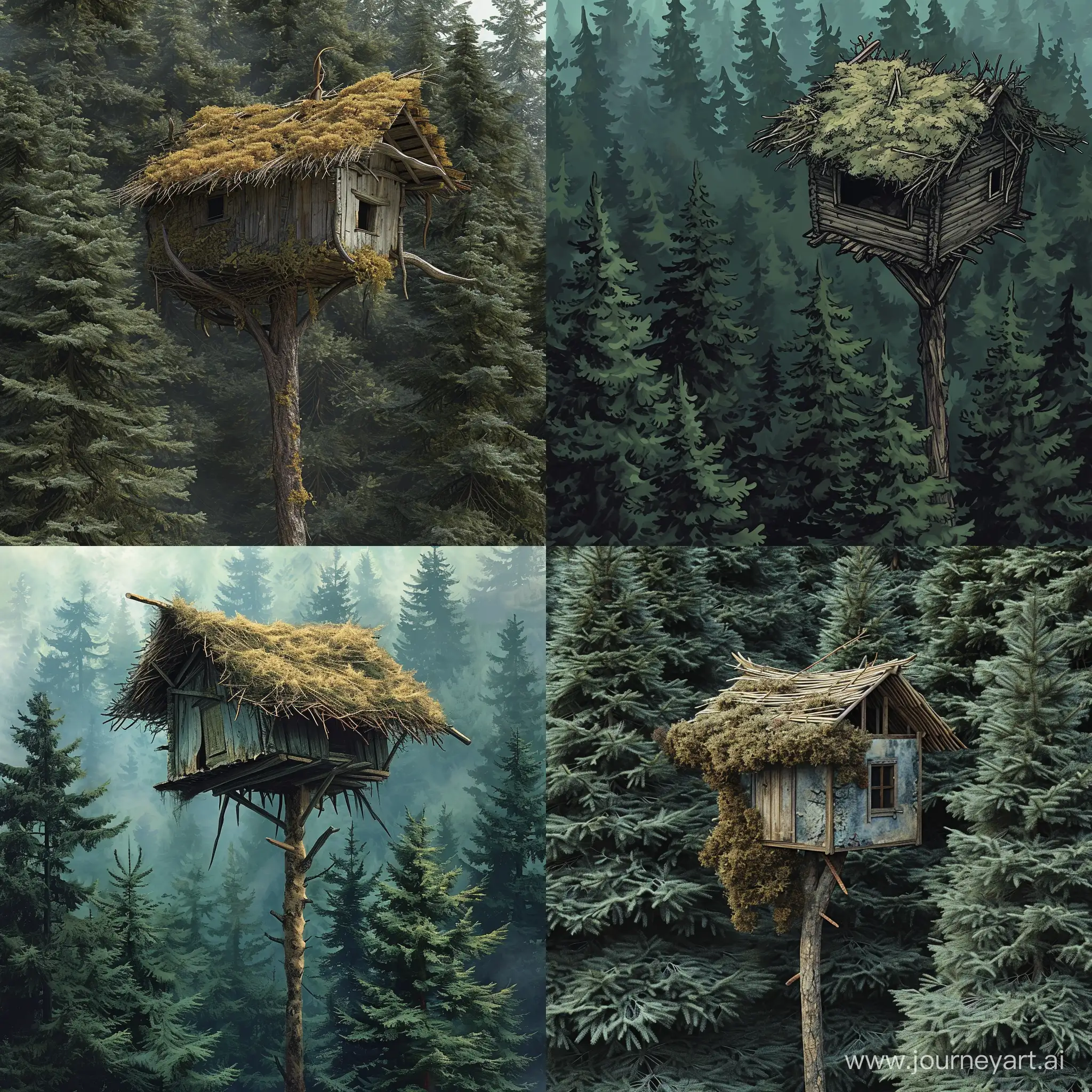 The hut is old, small, with a roof of twigs, standing on a pole, in a dense forest, among spruce trees, in the style of a caricature