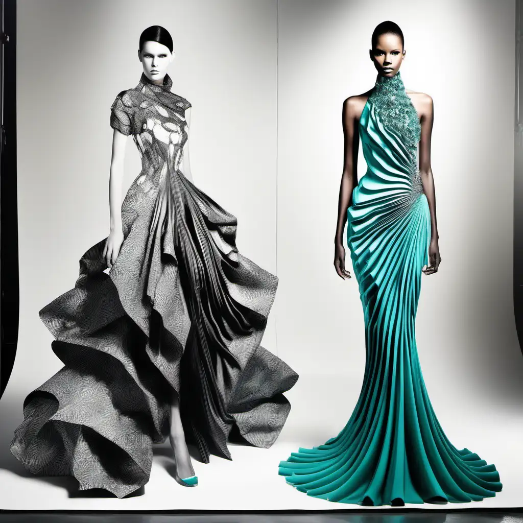 create a futuristic fashion collection of gowns showcasing the essence of elegance and luxury drawing inspiration from the underwater world. emphasizing different draping styles, and incorporating vibrant colors for each image. Experiment with different combinations of texture and pattern and hues to evoke the dynamic energy of movement . goal is to inspire a fresh, edgy, elaborate and over the top designs that are still chic and modern looks that celebrate individuality and self expression. draw inspiration from different collars, different sleeves, different necklines, gems on the dresses etc