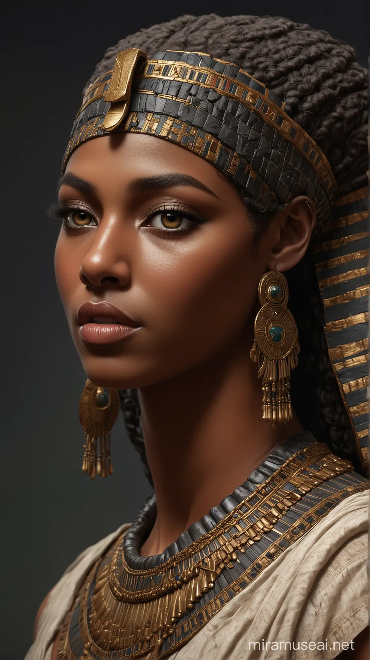 Ancient artworks and sculptures depicting Cleopatra with dark skin and African features, such as full lips and a broad nose..hyperrealistic