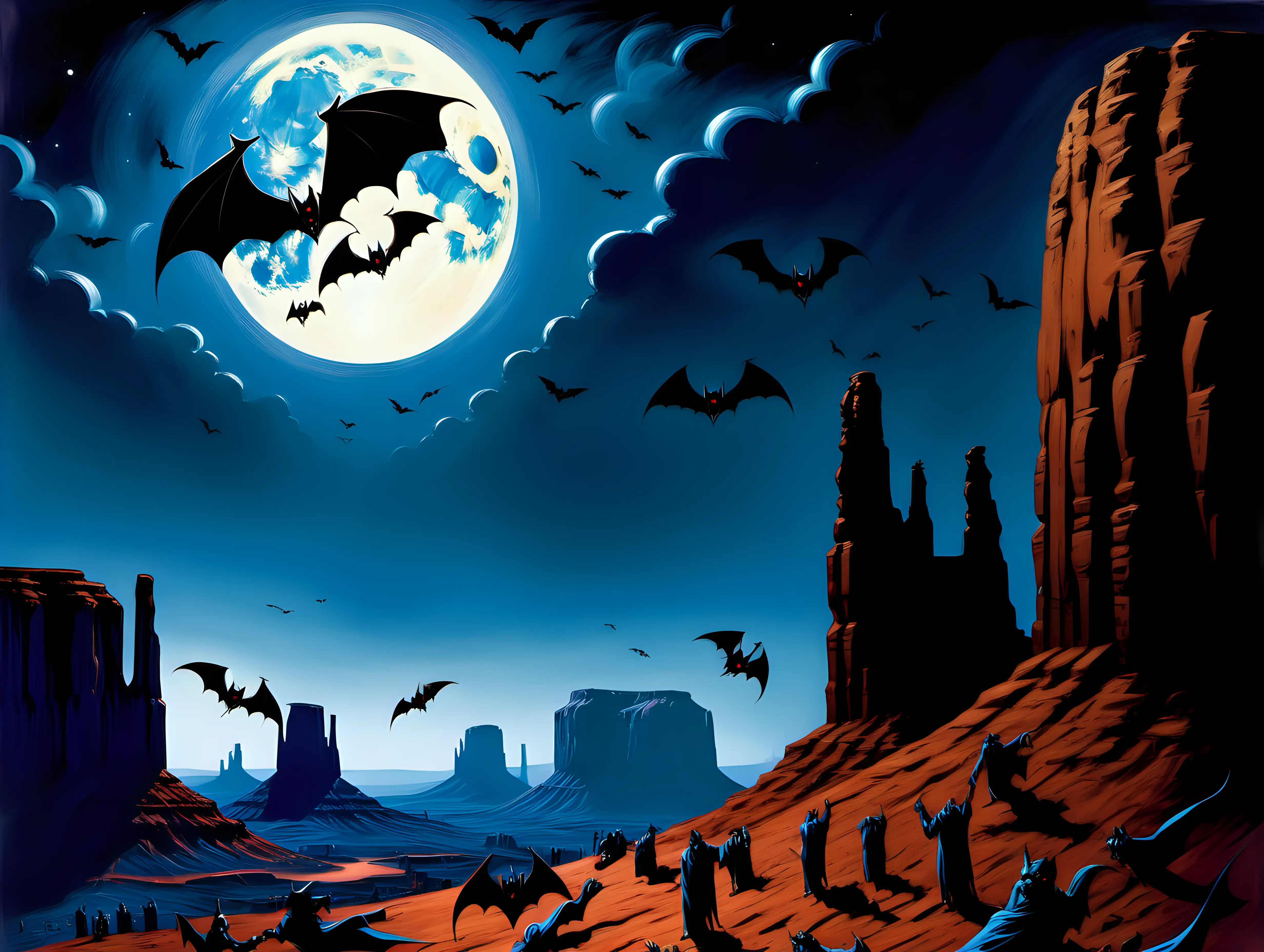 Dracula and Vampire bats flying over Monument Valley at night huge blue moon
Frank Frazetta style