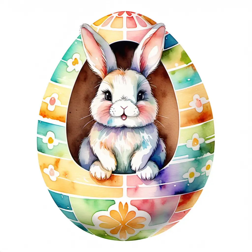 cute bunny sitting in colorful easter egg, watercolor
