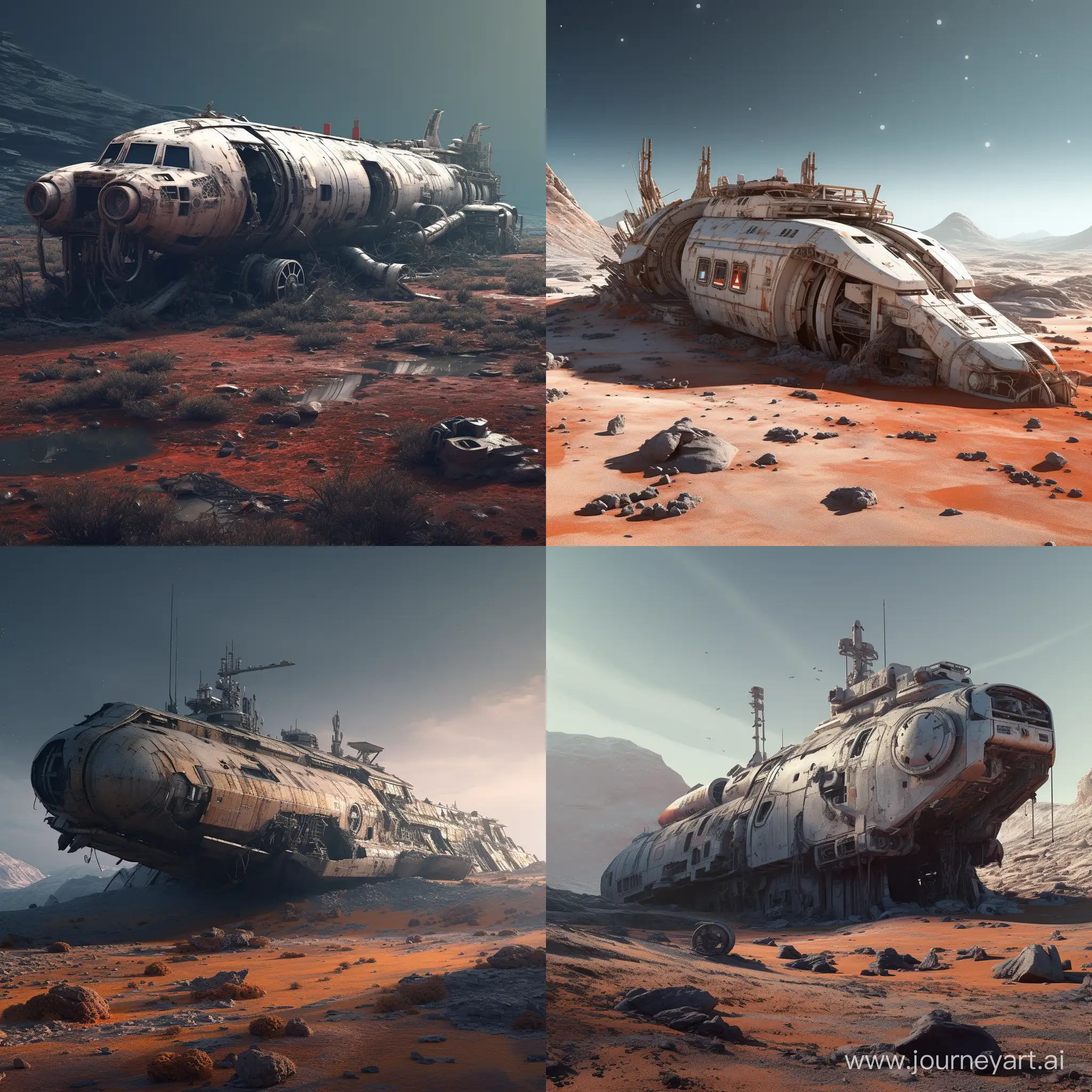 Abandoned-Retrofuturistic-Spaceship-on-Desolate-Planet