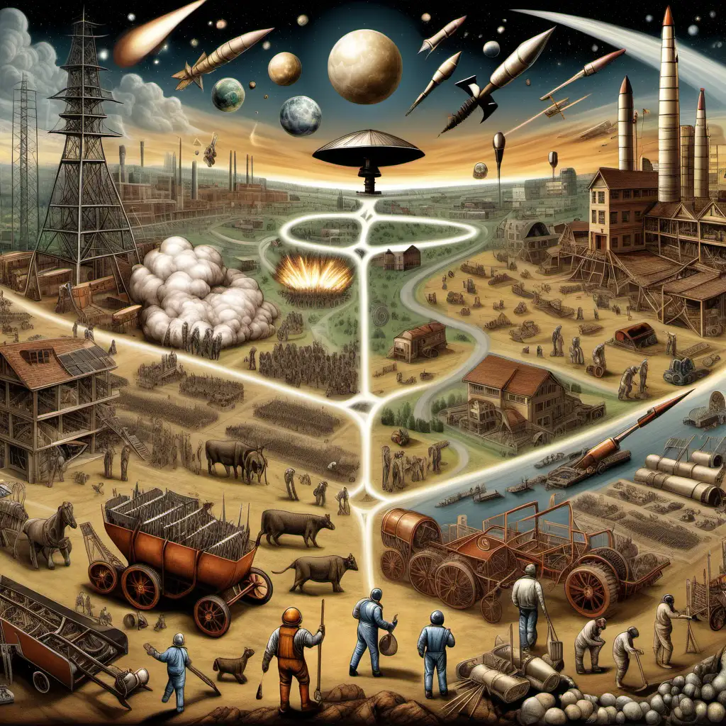 imagine and create a single image that converges images, depicting early humans using primitive tools like stone axes and spears for hunting and survival, an image illustrating the transition from nomadic lifestyles to settled farming communities with images of plows, farms, and domesticated animals, image showing the rise of factories, steam engines, and the mechanization of agriculture during the Industrial Revolution, Create an image symbolizing the Space Race era with rockets, astronauts, and early computers like ENIAC,image that envisions the future of technology, incorporating elements like AI-controlled cities, augmented reality, and space exploration. show going from the bottom left to the top right of the image