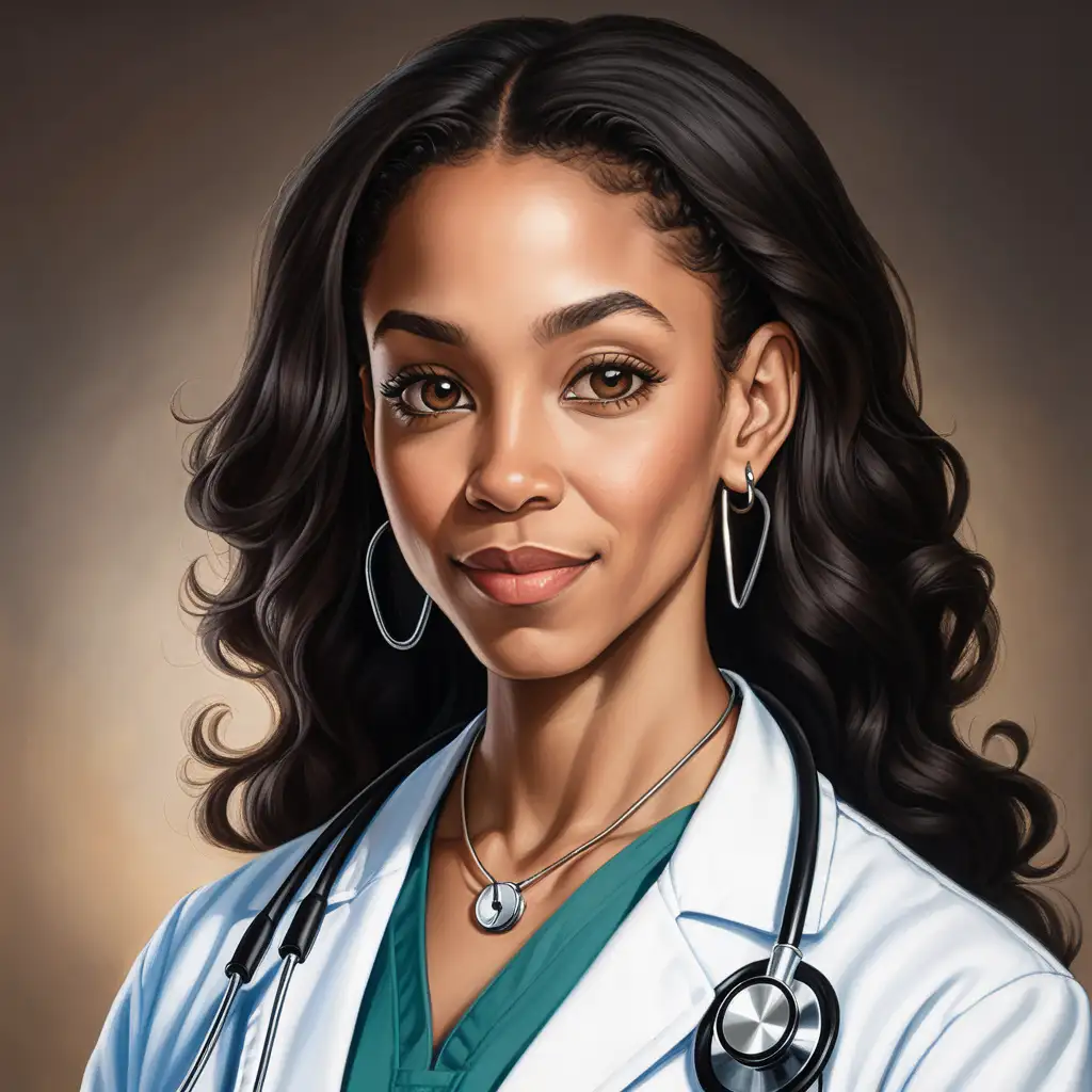 A light skin black doctor with long dark hair wearing earrings and a stethoscope