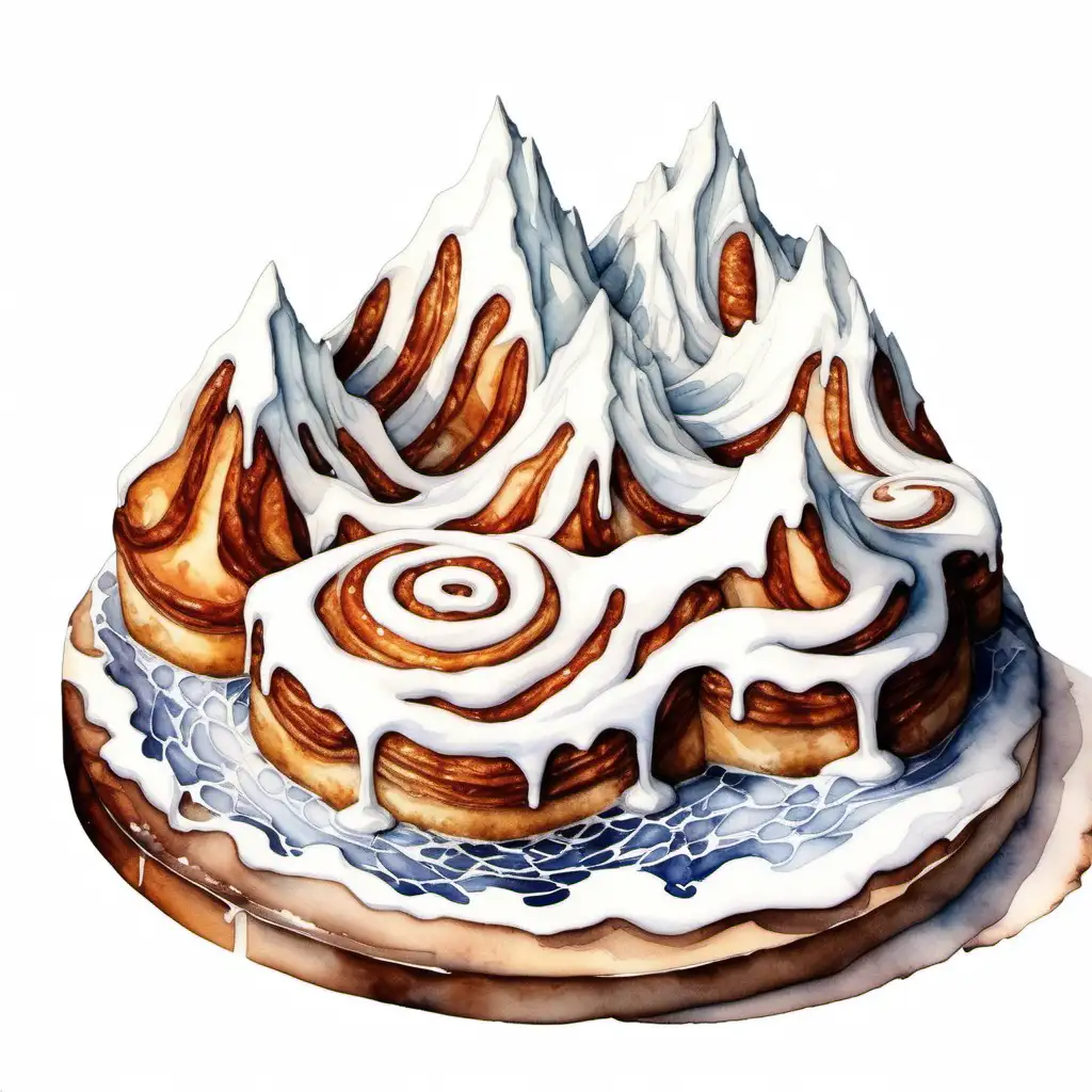 Whimsical Watercolor Cinnamon Roll Mountains with Icing River on Clear Background