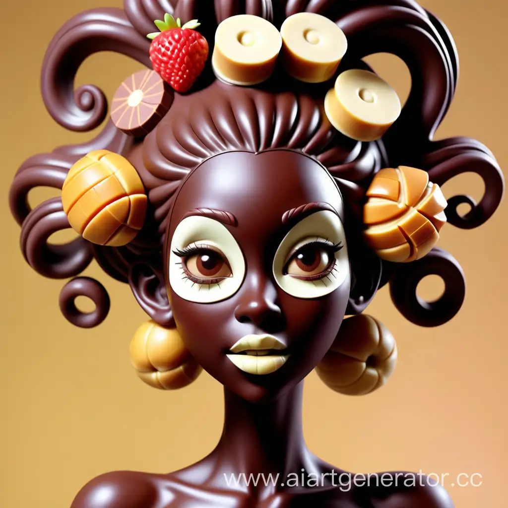 
Хуманизация сладостей в шоколадную девушку с прической из фруктов шоколадной кожей с лифчиком их заварного крема вишенкой на груди и маской из карамели на лице