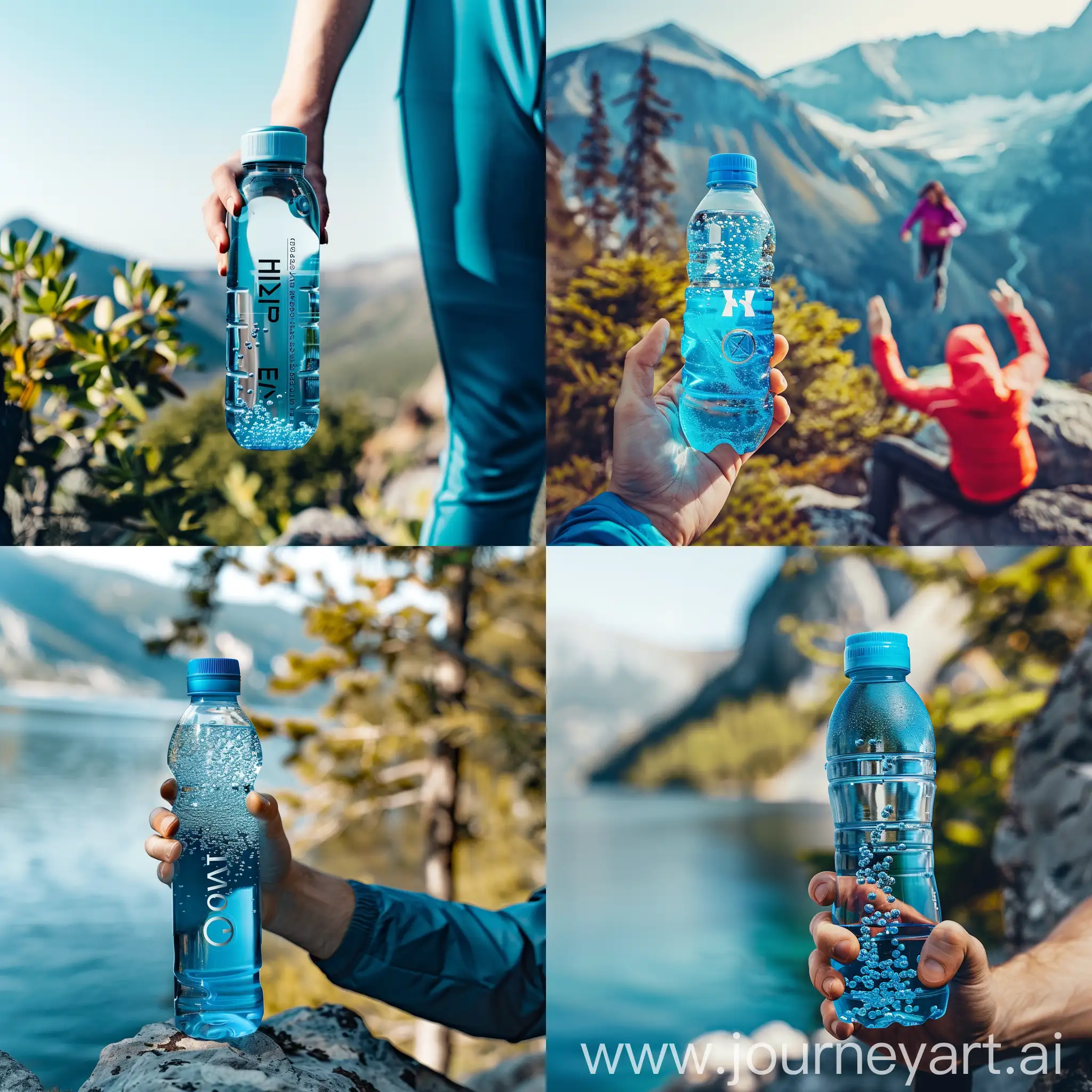 An image of someone holding the hydrogen water bottle while enjoying outdoor activities. Style: Energetic, vibrant. Keywords: Hydration, vitality, adventure. Camera: DSLR. Lens: Standard zoom. Post-processing: Vibrancy enhancement.