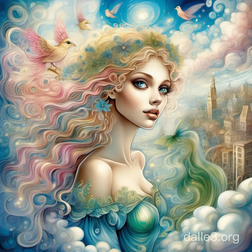 In the style of Josephine Wall, a city made of clouds, blue-sunny mother-of-pearl, fairy tale, gently, airily, sparkling, hyper-detailed, lumen, ultraHD, a realistic beauty walks on the clouds at full height, wavy golden hair on the head, flowers and birds whirl, curls, a white dress, photorealistic identical big eyes and body, delicately, gracefully. Green, pink, blue, fairy-tale, mystical, magical, clear contour drawing.