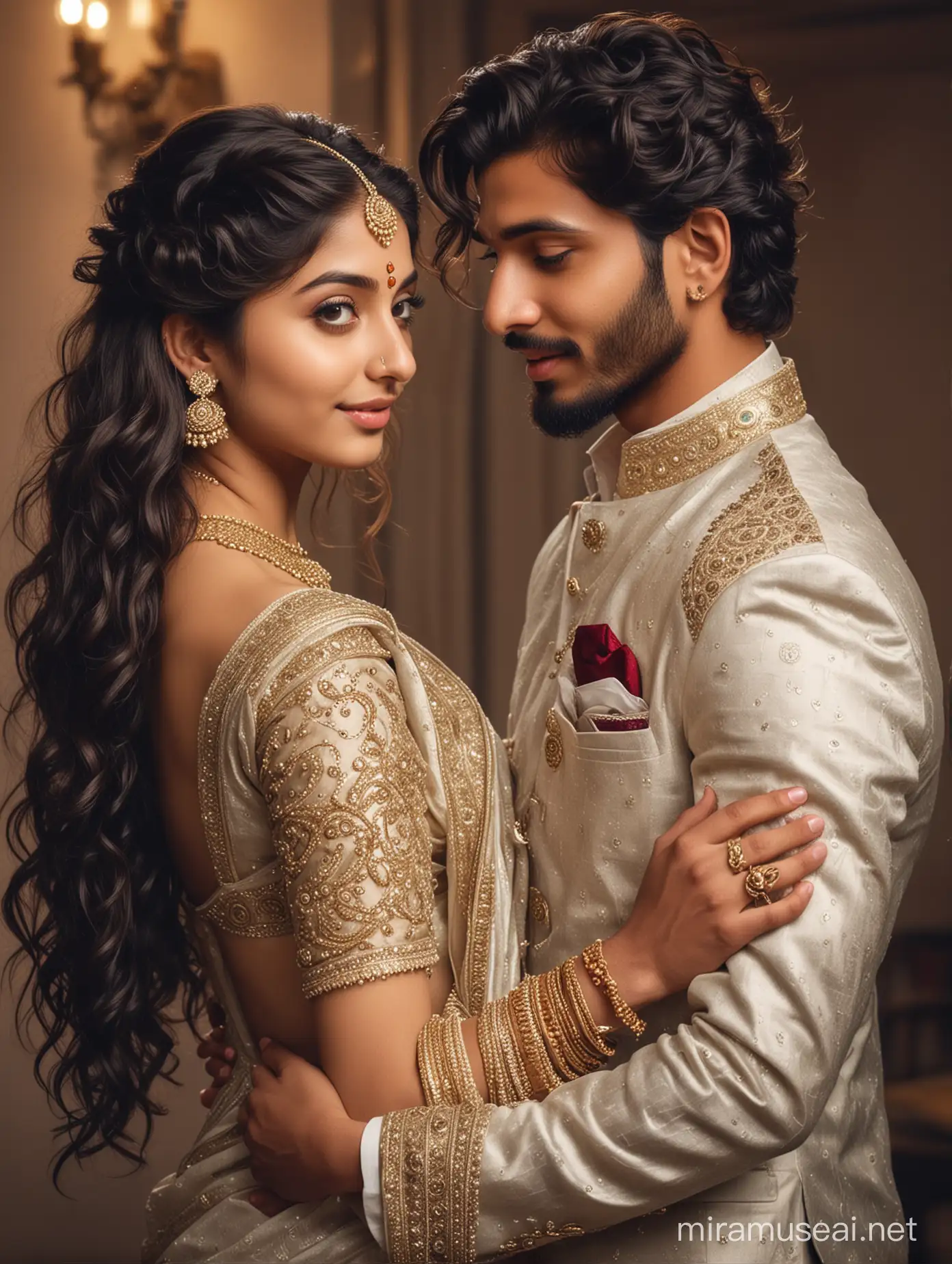 two intimate lovers, indian handsome boy, 22 years old, european features, formal suit, light trim beard, alfa male, girl, 18 years old, most beautiful indian girl, full body jewelry, elegant saree look, low cut back, long curly hair, touching head to boy shoulder, shy and modest smile, boy comforting girl with one hand on back of girl, photo realistic, 4k.