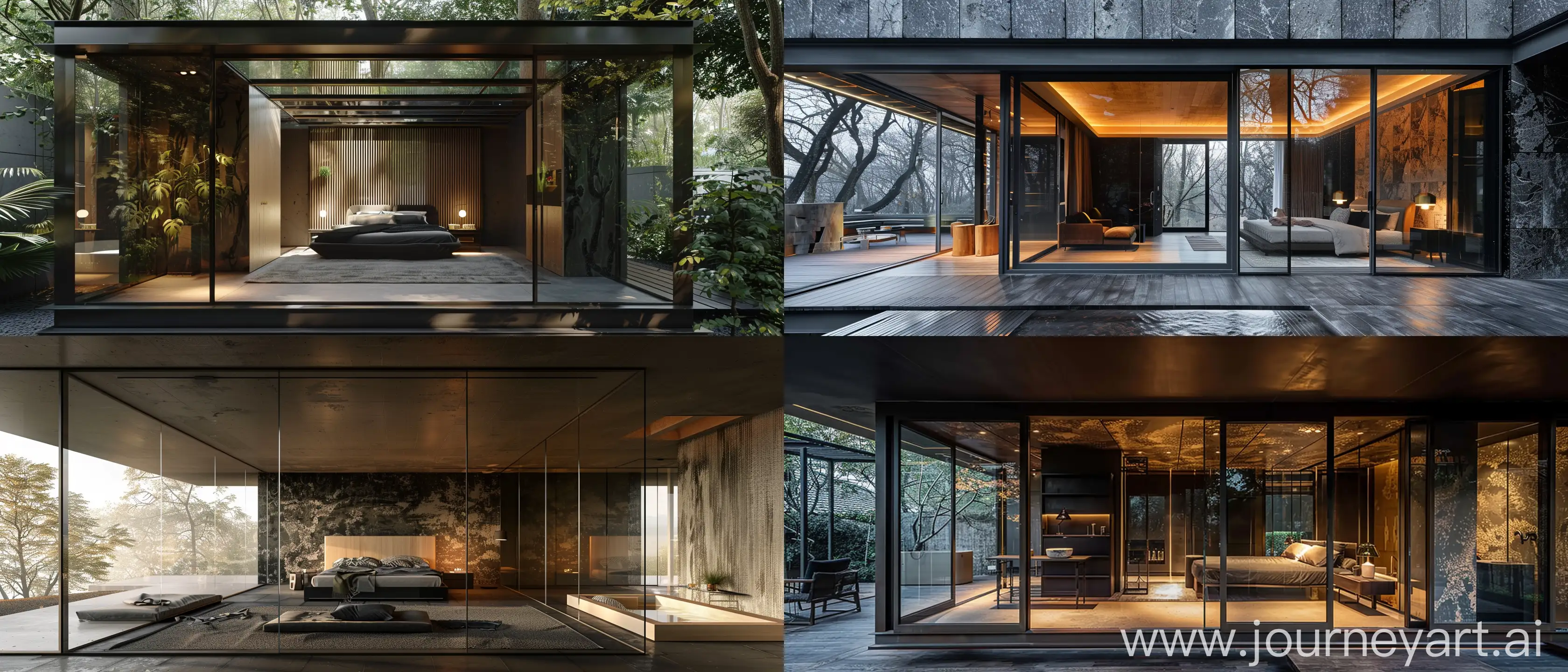 architectural photo, an open, minimalist bedroom design with glass walls, in the style of dark, moody, modular construction, nature-inspired camouflage, light black and dark black --ar 21:9 --style raw