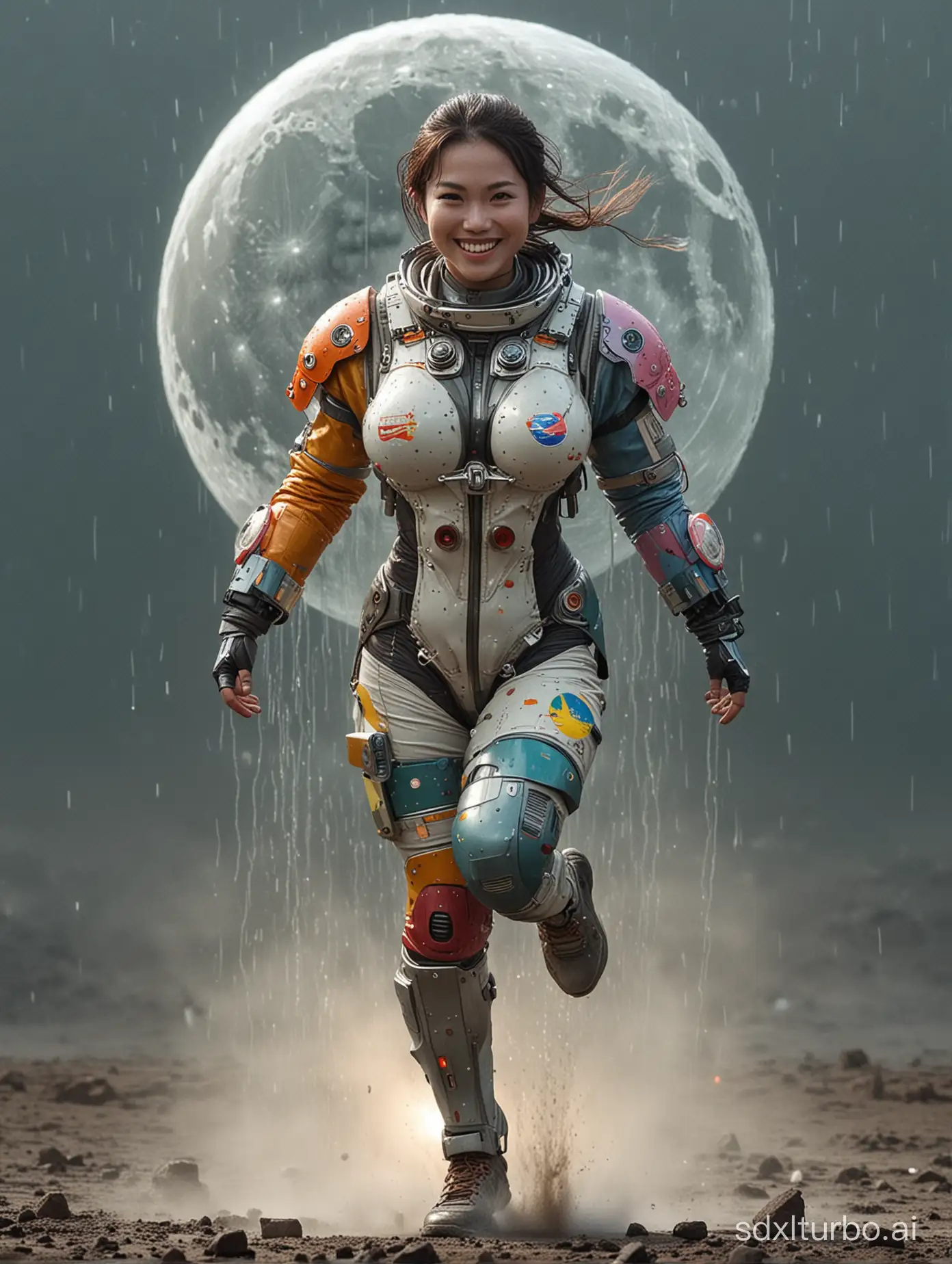 Vietnamese-Woman-Running-on-the-Moon-in-Multicolored-Mech-Suit