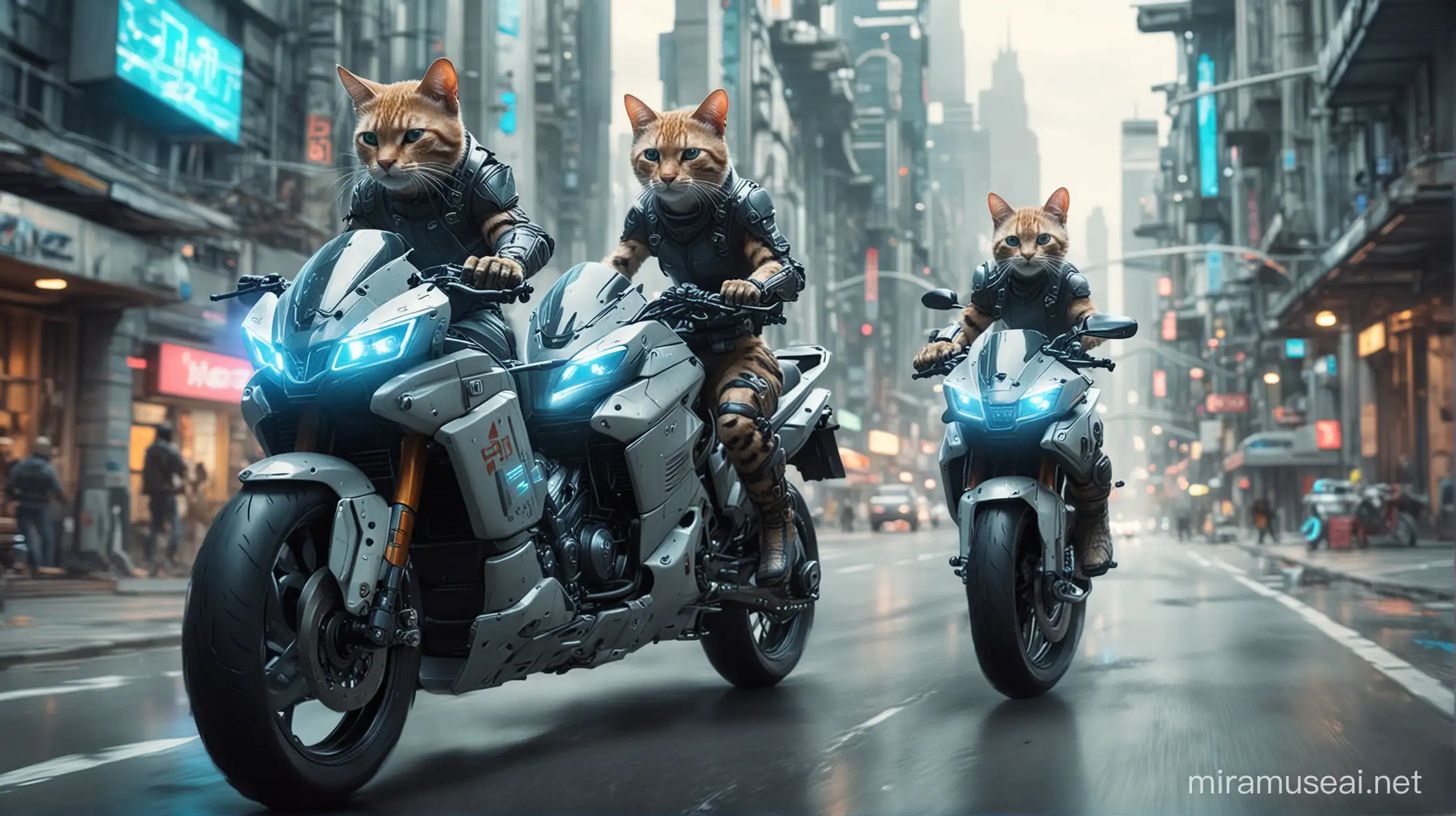 two cybercats riding motorcycles in a futuristic city with motion blur