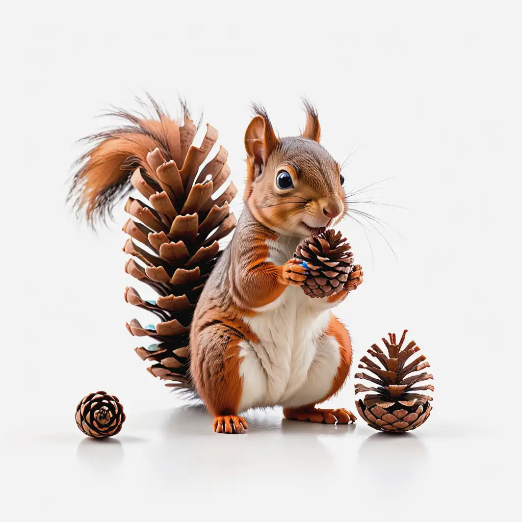 Cheerful Squirrel with Pinecone on White Background