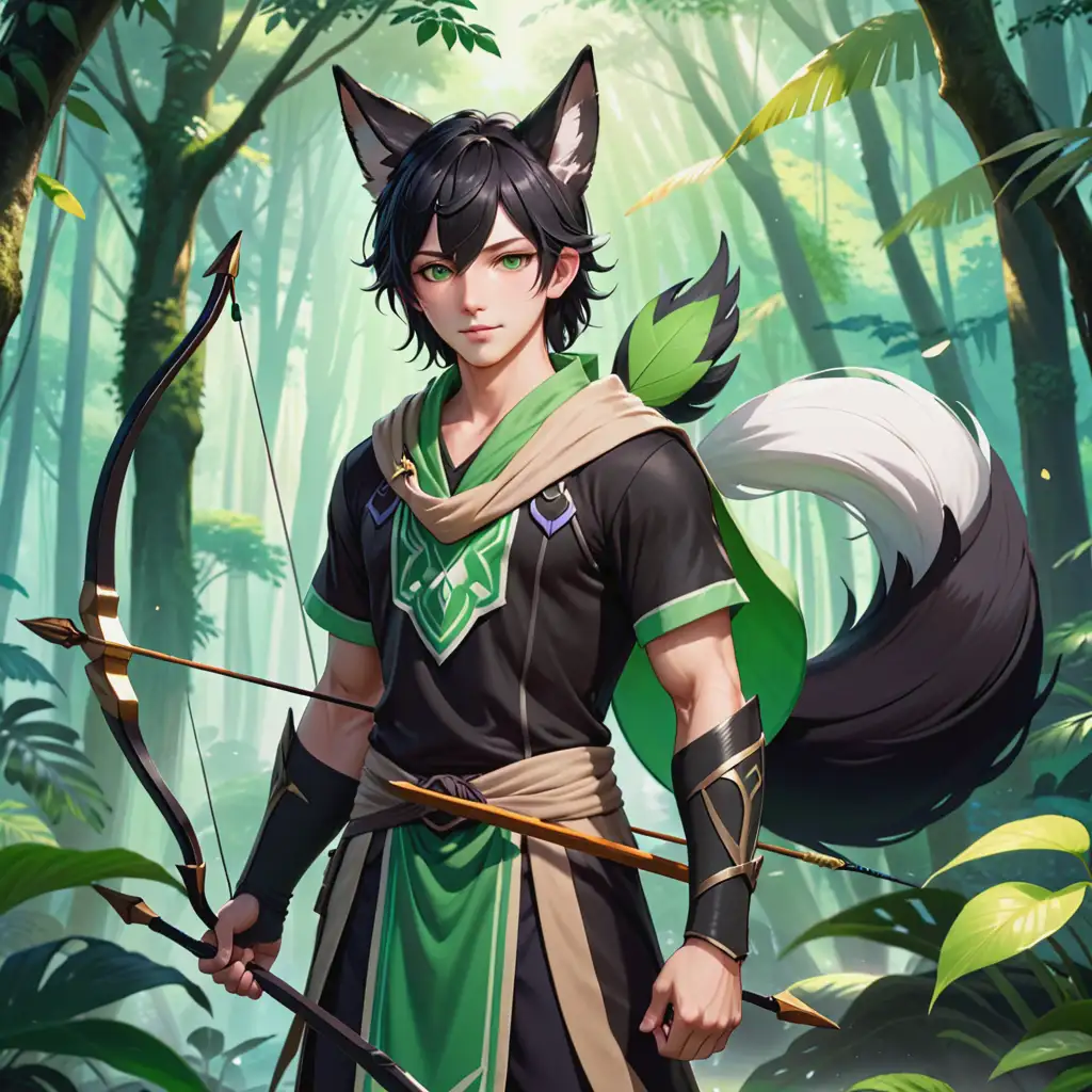 Tighnari from Genshin Impact, human male with pale skin, tall black fox-like ears, black long hair with green highlights in bangs and around face, greenish brown eyes, wearing a short-sleeved dark tunic with tan toga, in a rainforest, holding a bow and arrow