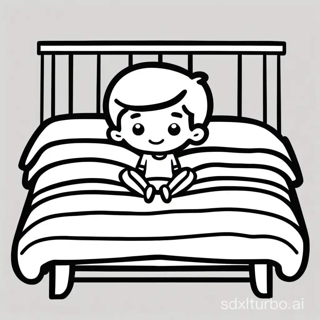 a cartoon of a boy on center of bed, no background, simple, monochrome