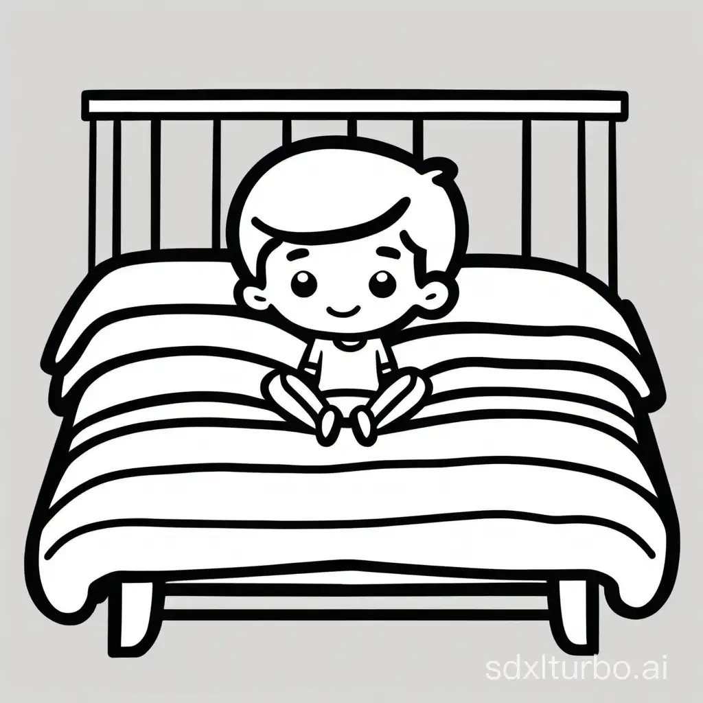 a cartoon of a boy on center of bed, no background, simple, monochrome
