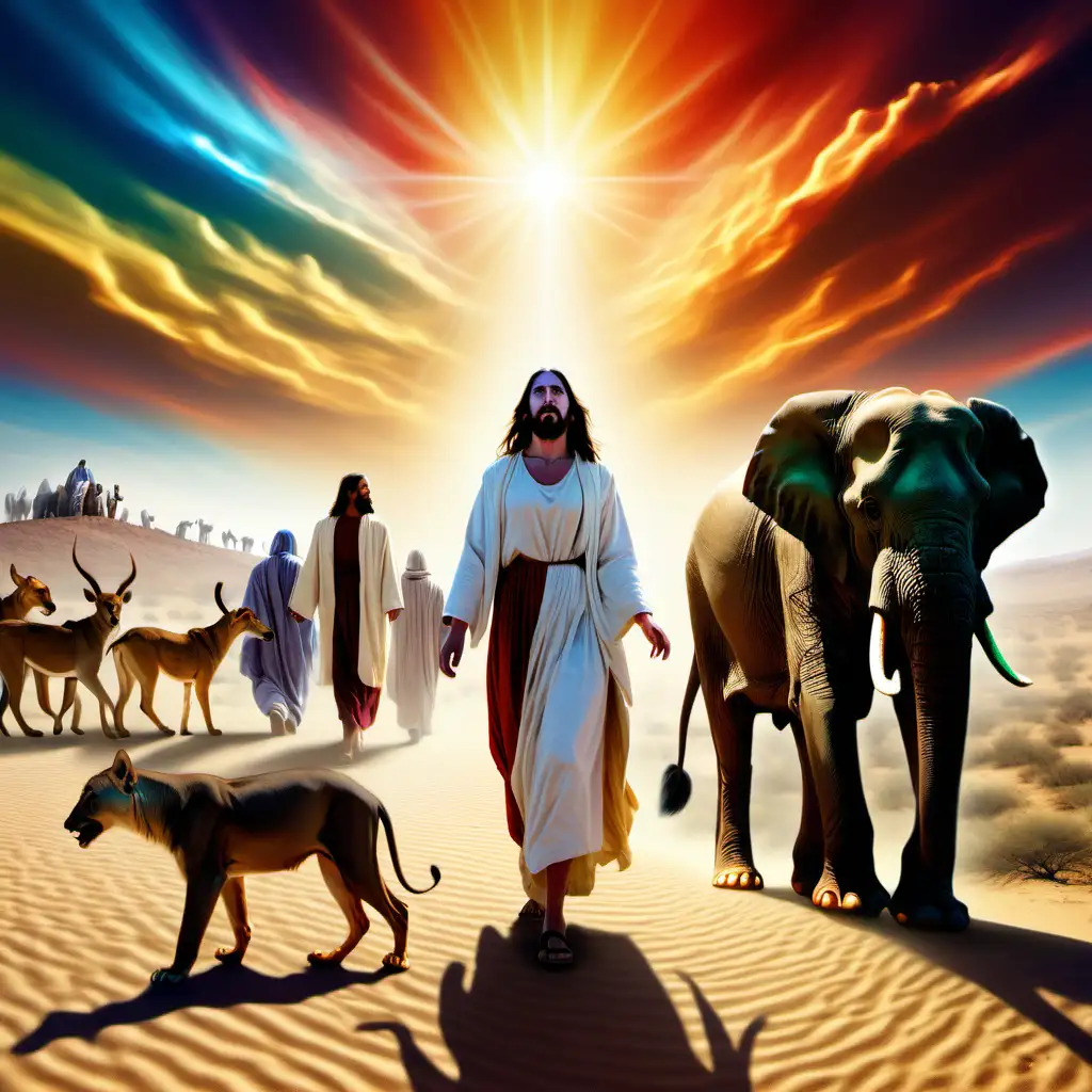 jesus christ walking with the people in the desert , wolf lion deer dogs and elephant are surrounded him , a young woman is watching him , the sky is full of colors 