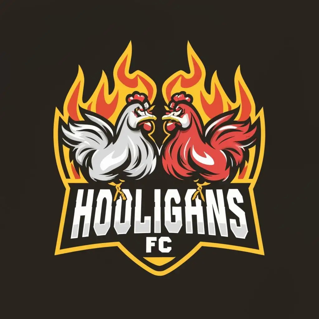 logo, chicken fighting for ball with fire, with the text "hooligans fc", typography, be used in Sports Fitness industry